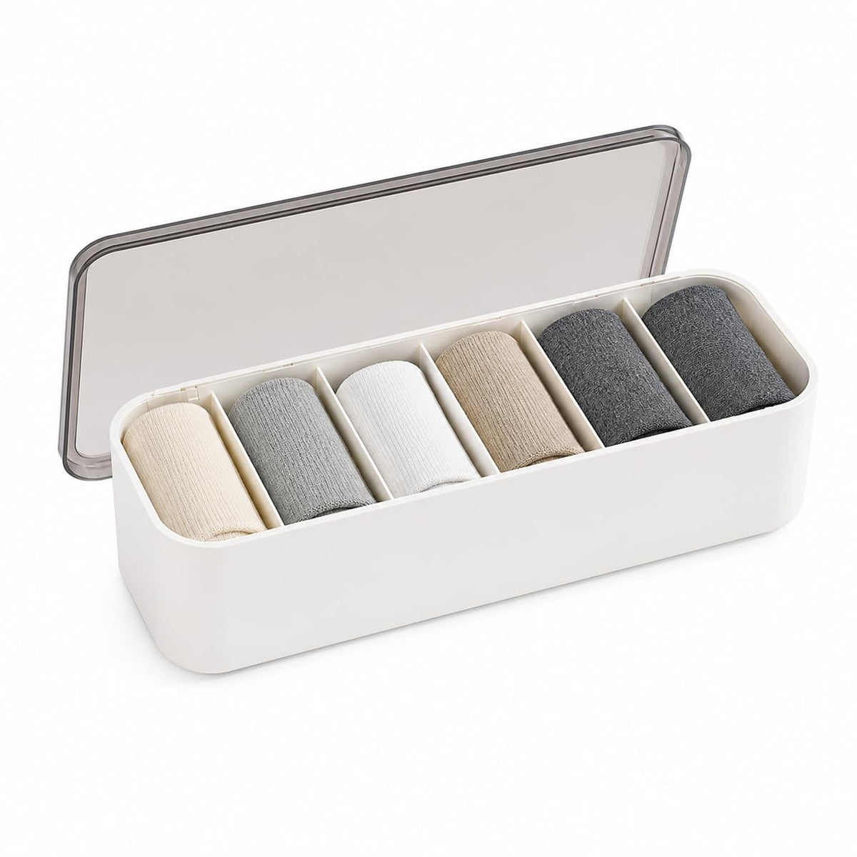 6Compartment Sock Organizer with Lid, Polypropylene Underwear Drawer Storage Box with Removable Dividers for Closet, Dresser, T