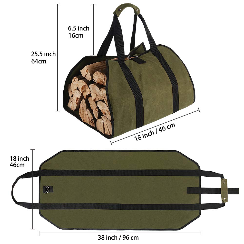 Tenn Well Wood Carrier For Firewood, 38In X 18In 16Oz Waxed Canvas Firewood Carrier Log Tote Bag With Handles Securing Straps Fo