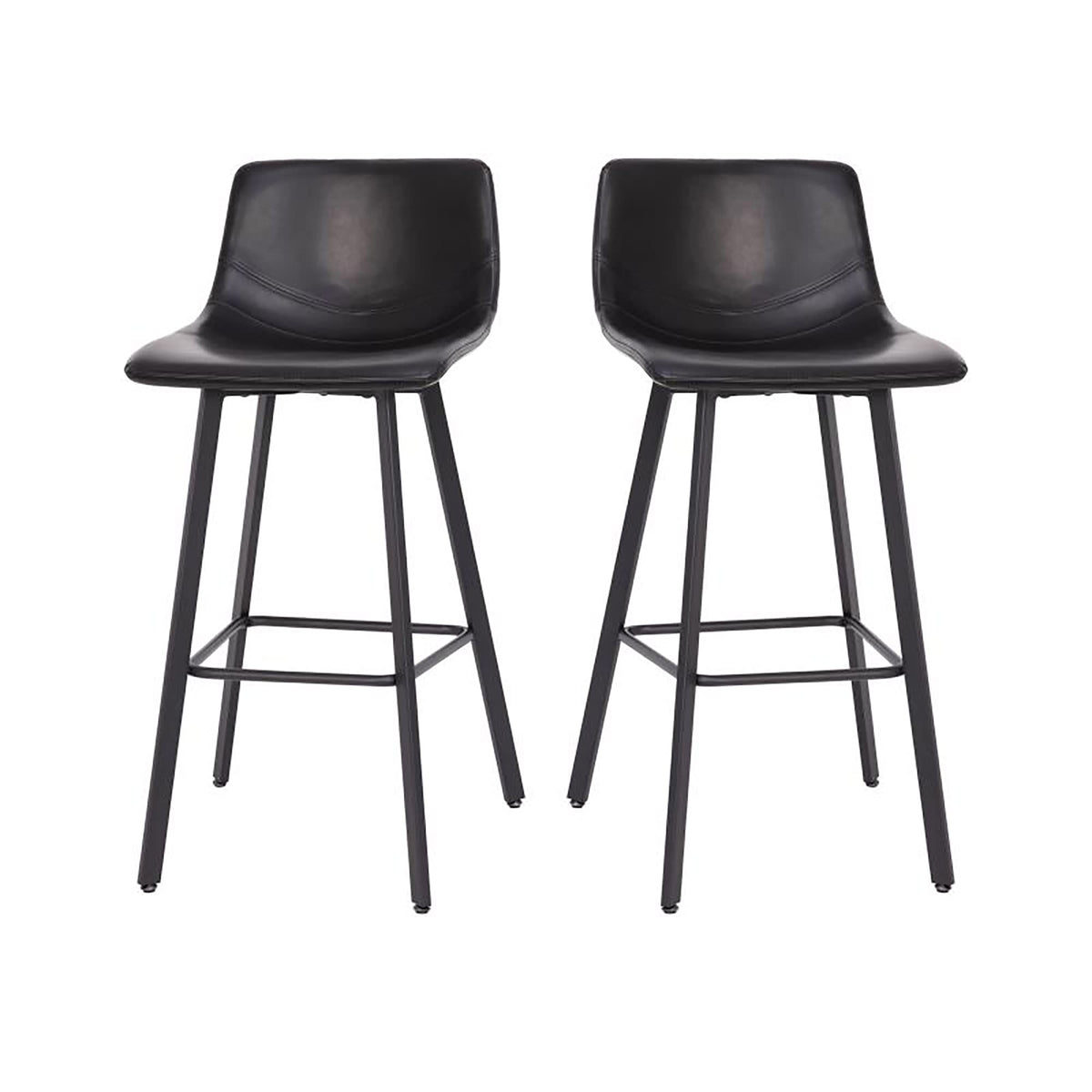 Flash Furniture Caleb Modern Commercial Barstools with Footrests - Black LeatherSoft -30 Inch - Black Matte Iron Frame - Armless - Set of 2