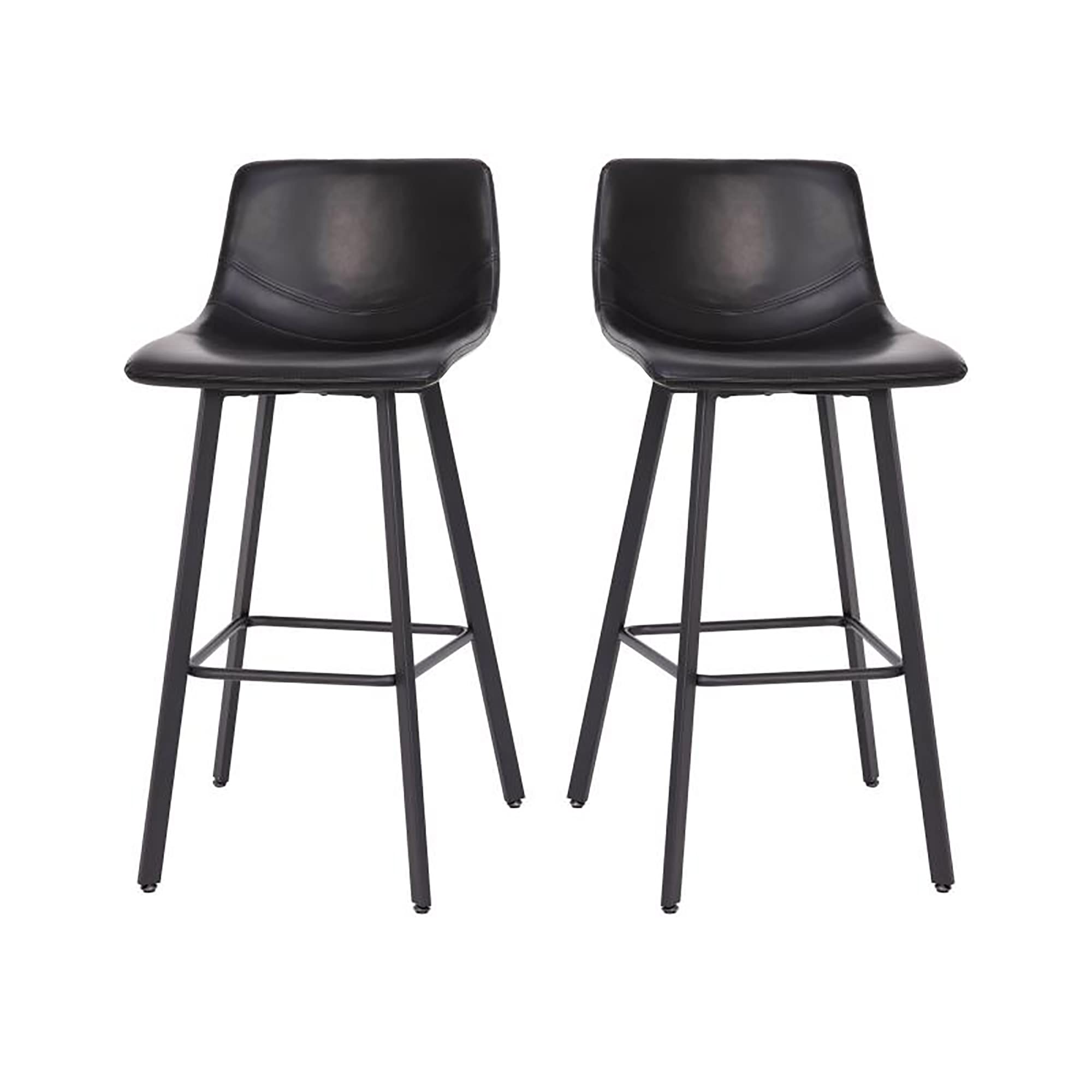 Flash Furniture Caleb Modern Commercial Barstools with Footrests - Black LeatherSoft -30 Inch - Black Matte Iron Frame - Armless - Set of 2