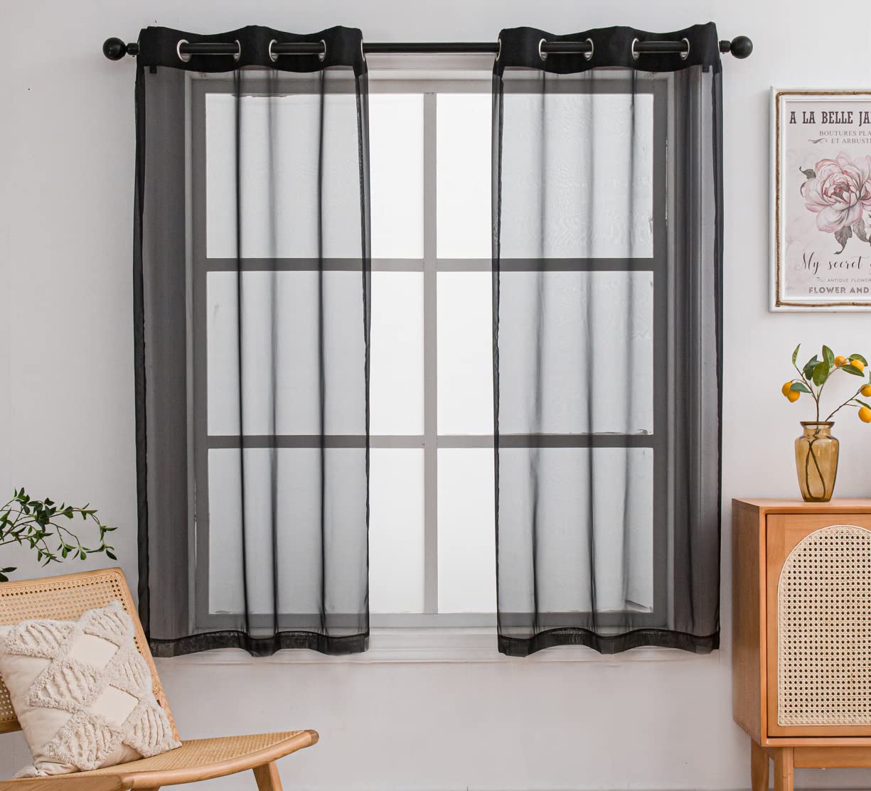 Pi Sheer Curtains 63 Inches Length With Grommet,Soft Voile Modern Sheer Window Curtain For Kitchen/Office 2 Panels (W52 X L63, Black)