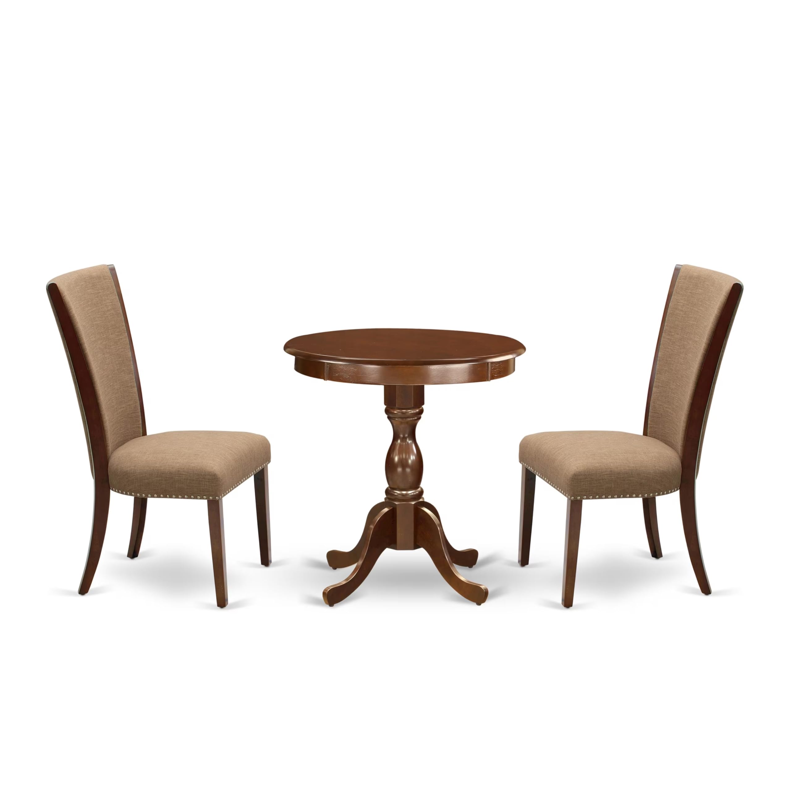 East West Furniture Esve3-Mah-47 3 Piece Modern Dining Table Set Contains A Round Wooden Table And 2 Light Sable Linen Fabric Upholstered Chairs, 30X30 Inch, Mahogany
