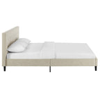 CasaFoyer  Linnea Platform Bed | Elegant Upholstered Full Bed | Tufted Headboard | Wood Legs | Slatted Support System | Beige