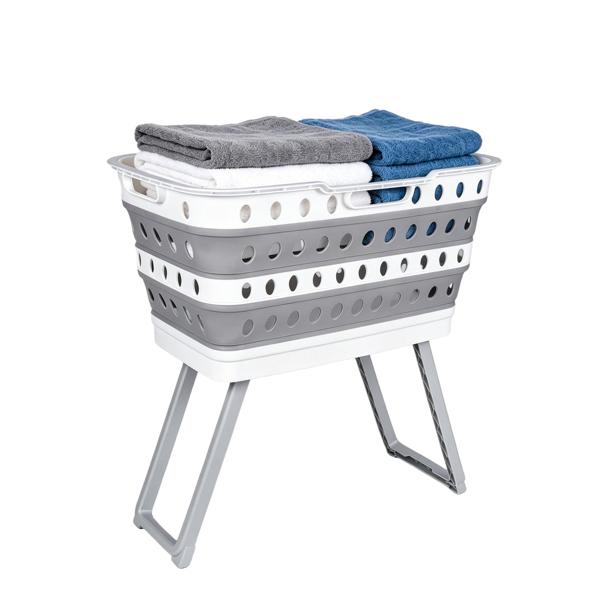 Collapsible Laundry Basket with Legs, Plastic Hamper with Stand, Gray
