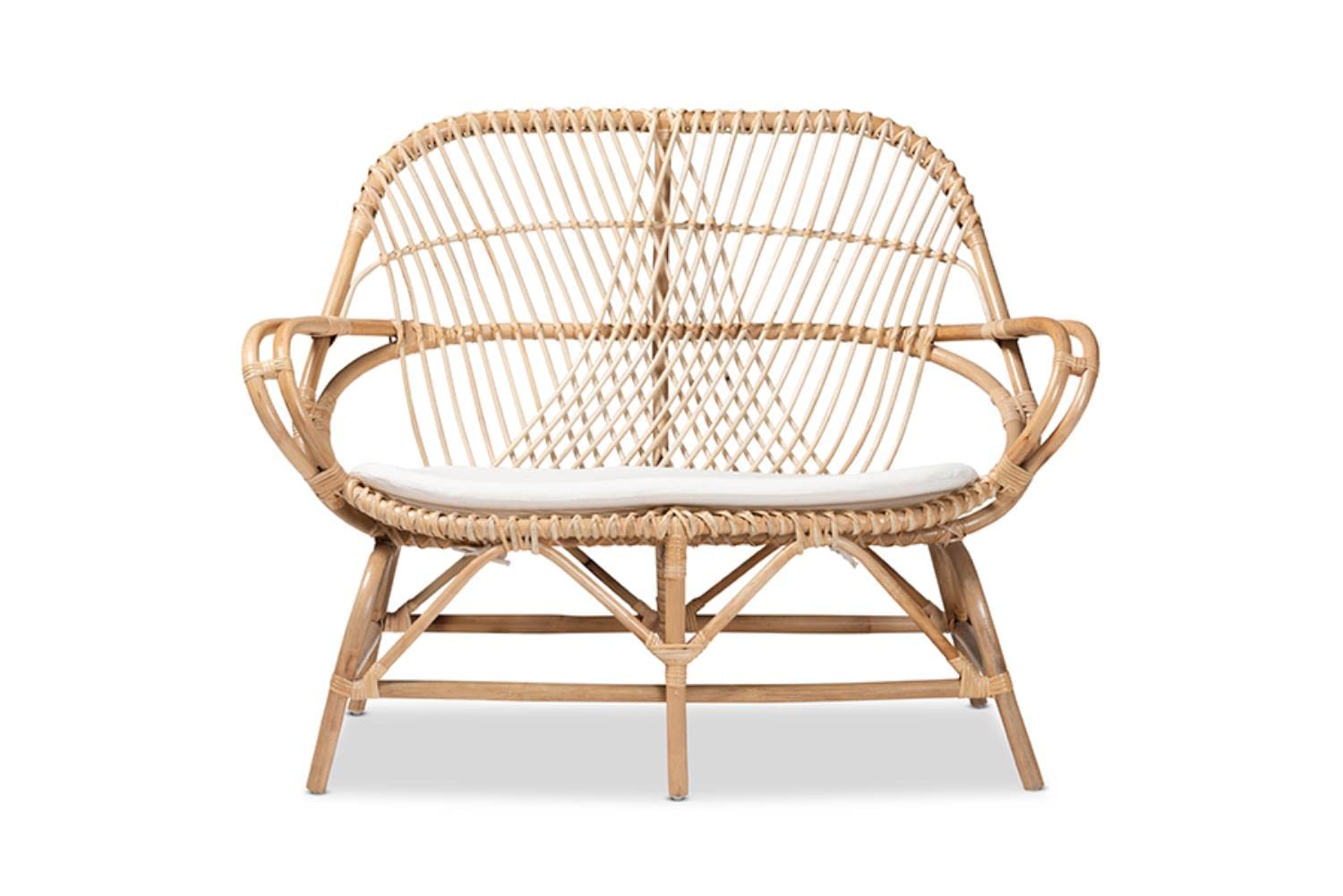 Baxton Studio Jayden Modern Bohemian White Fabric Upholstered and Natural Brown Finished Rattan Loveseat WhiteMaterial