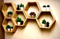 CRAFTED TURN Hexagon Wall Shelves, Natural Wood Finish, Geometric Floating Display, Set of 5, Honeycomb Design