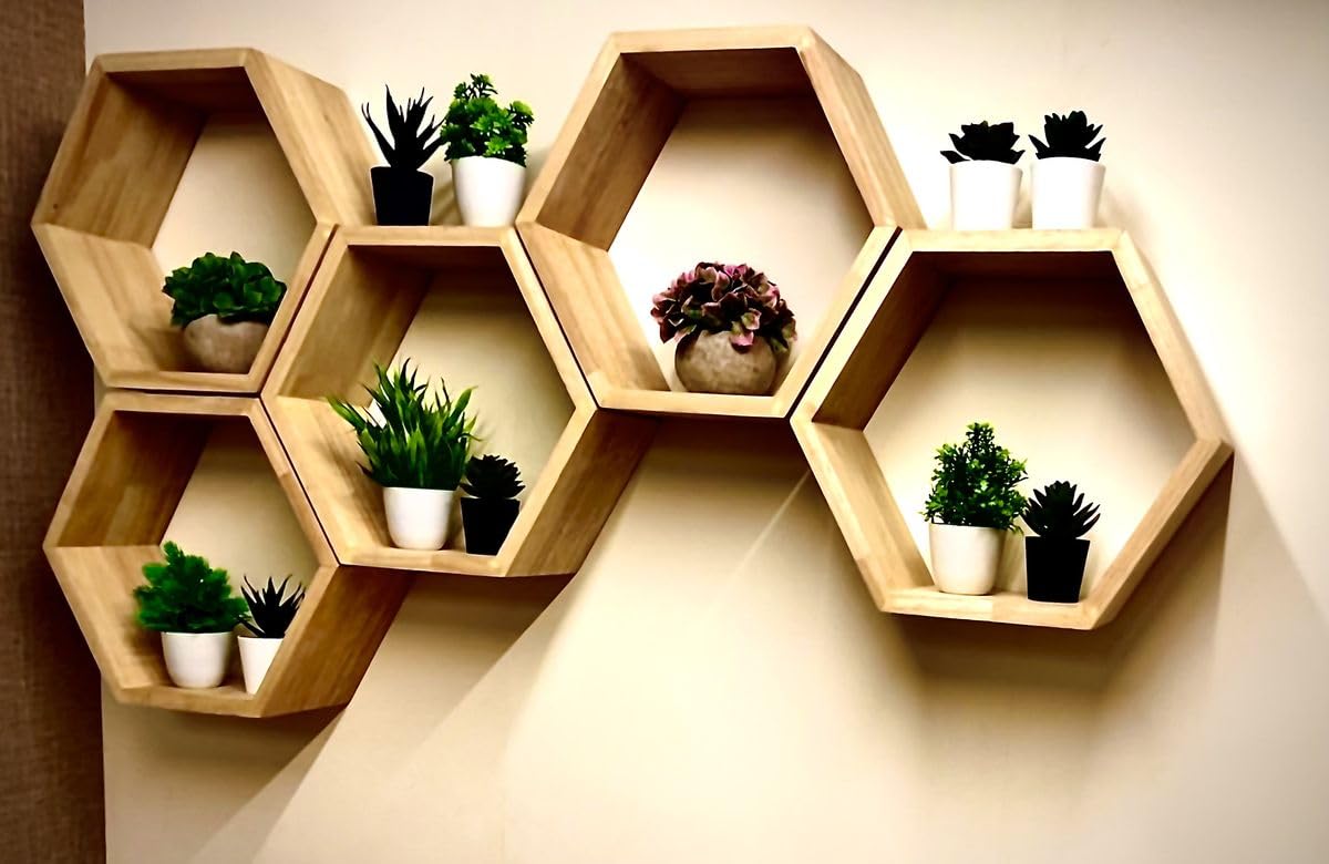 CRAFTED TURN Hexagon Wall Shelves, Natural Wood Finish, Geometric Floating Display, Set of 5, Honeycomb Design