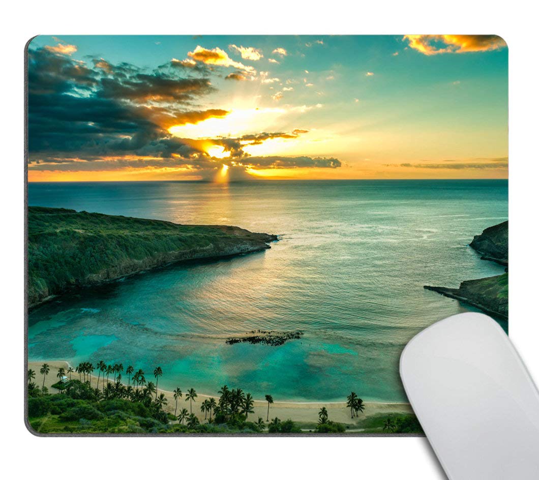 Smooffly Hawaiian Mouse Pad, Sunrise Over Hanauma Bay On Oahu, Hawaii Sunbeams Through Dark Clouds Shoreline Personality Desings
