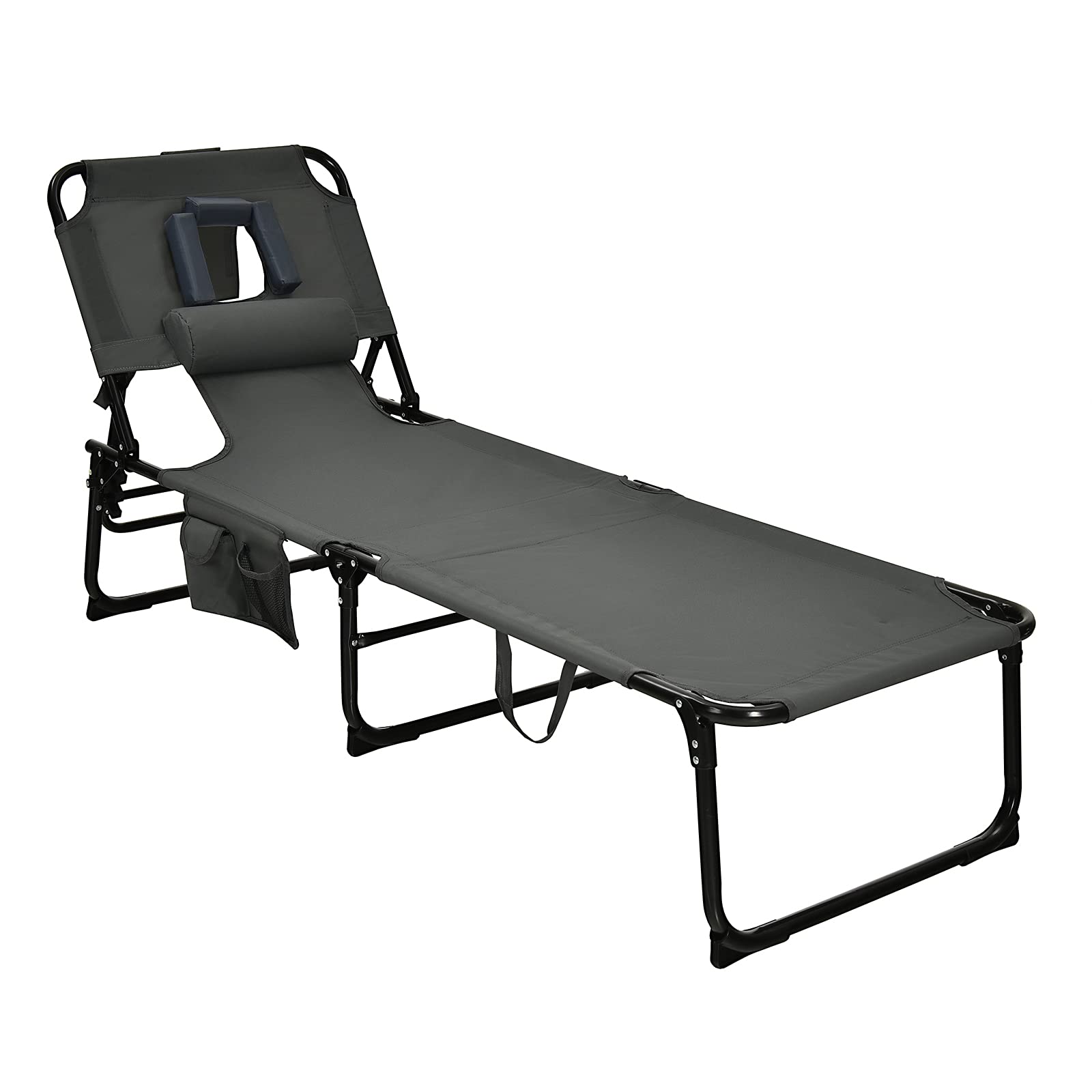 Gymax Tanning Chair, Folding Beach Lounger With Face Arm Hole, Adjustable Backrest, Side Pocket, Pillow & Carry Handle, Outside Sunbathing Lounge Chair For Patio, Poolside, Lawn (1, Gray)