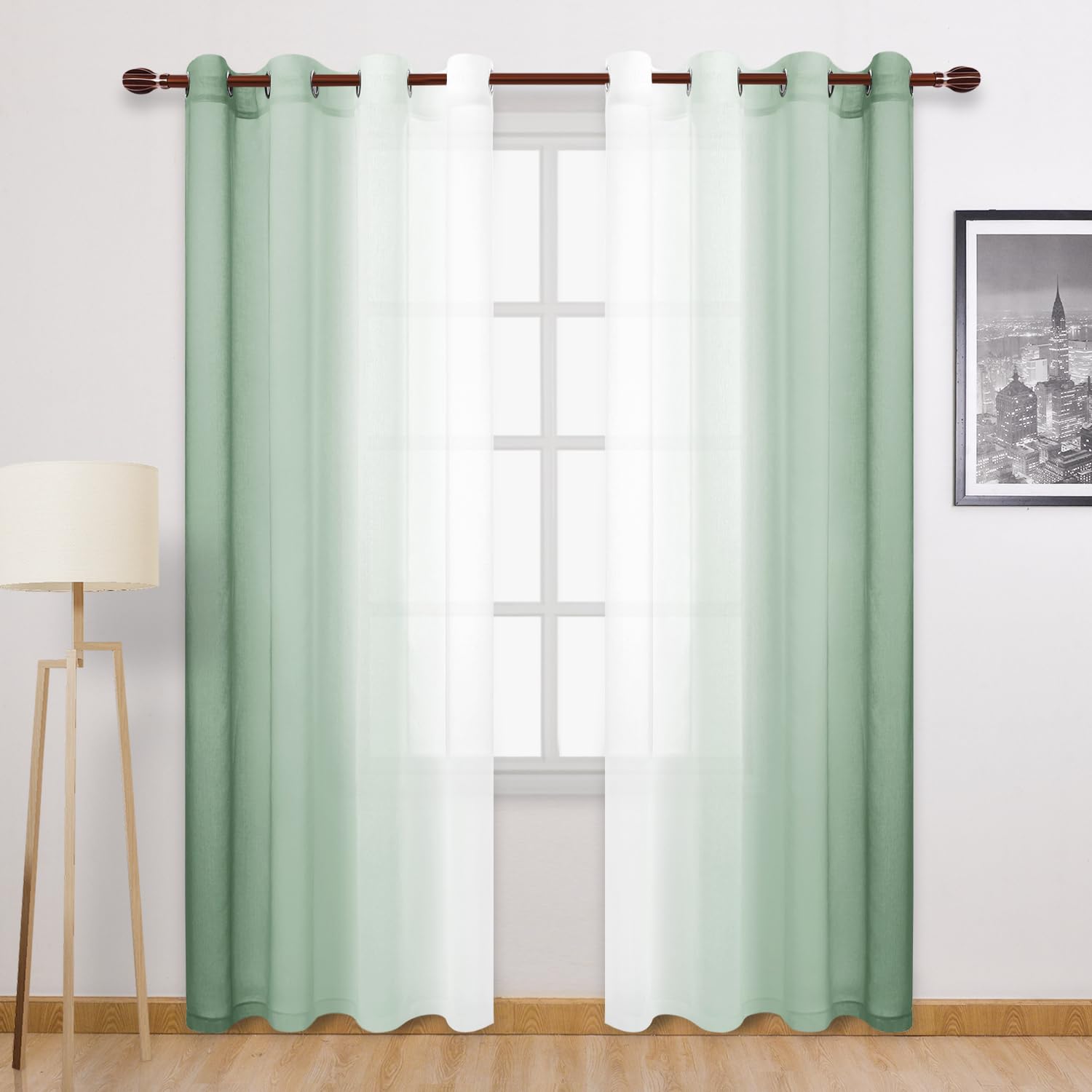 Dwcn Light Sage Faux Linen Ombre Sheer Curtains - Gradient Semi Voile Curtains For Bedroom And Living Room, Set Of 2 Grommet Top