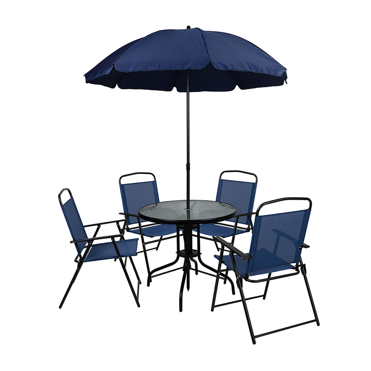 Flash Furniture Nantucket 6-Piece Patio Dining Set with Glass Table, 4 Folding Chairs, and Umbrella, Outdoor Patio Table, Chairs, Umbrella Set, Navy