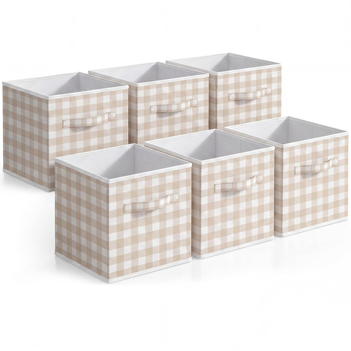 Yalikop 6 Pcs Beige Gingham Cube Storage Bins, 11 Inch Fabric Checkered Classroom Storage Bins Organizer with Handle Preppy Coll