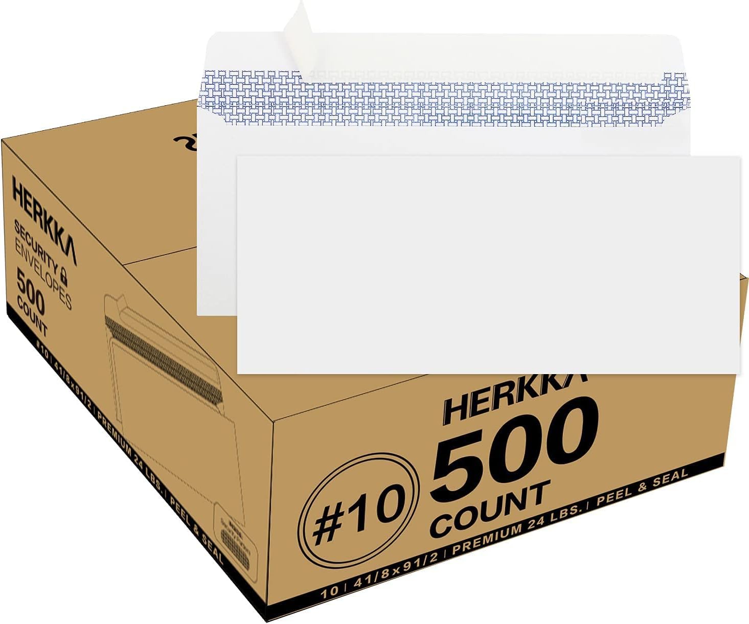Herkka #10 Security Self-Seal Envelopes, No.10 Windowless Bussiness Envelopes, Security Tinted With Printer Friendly Design - Si