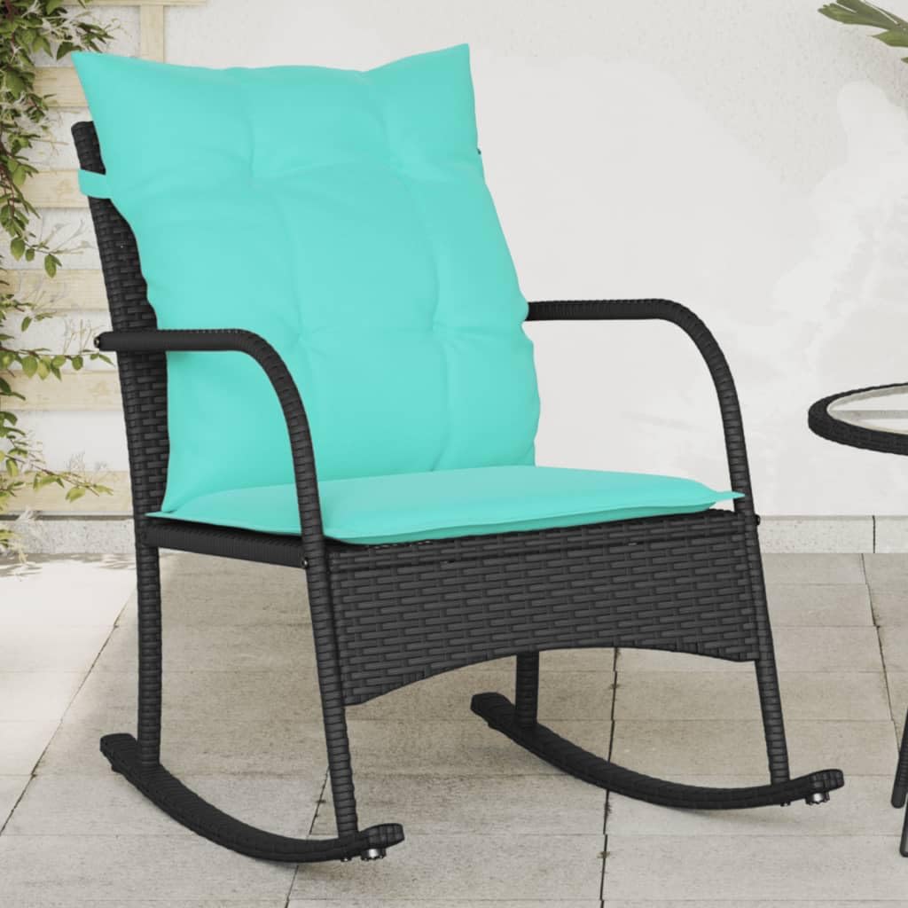 vidaXL Patio Rocking Chair - Black PE Rattan, Powder-Coated Steel Frame, Thick Padded Cushions, Weather-Resistant - Outdoor Seating for Garden, Patio, Deck