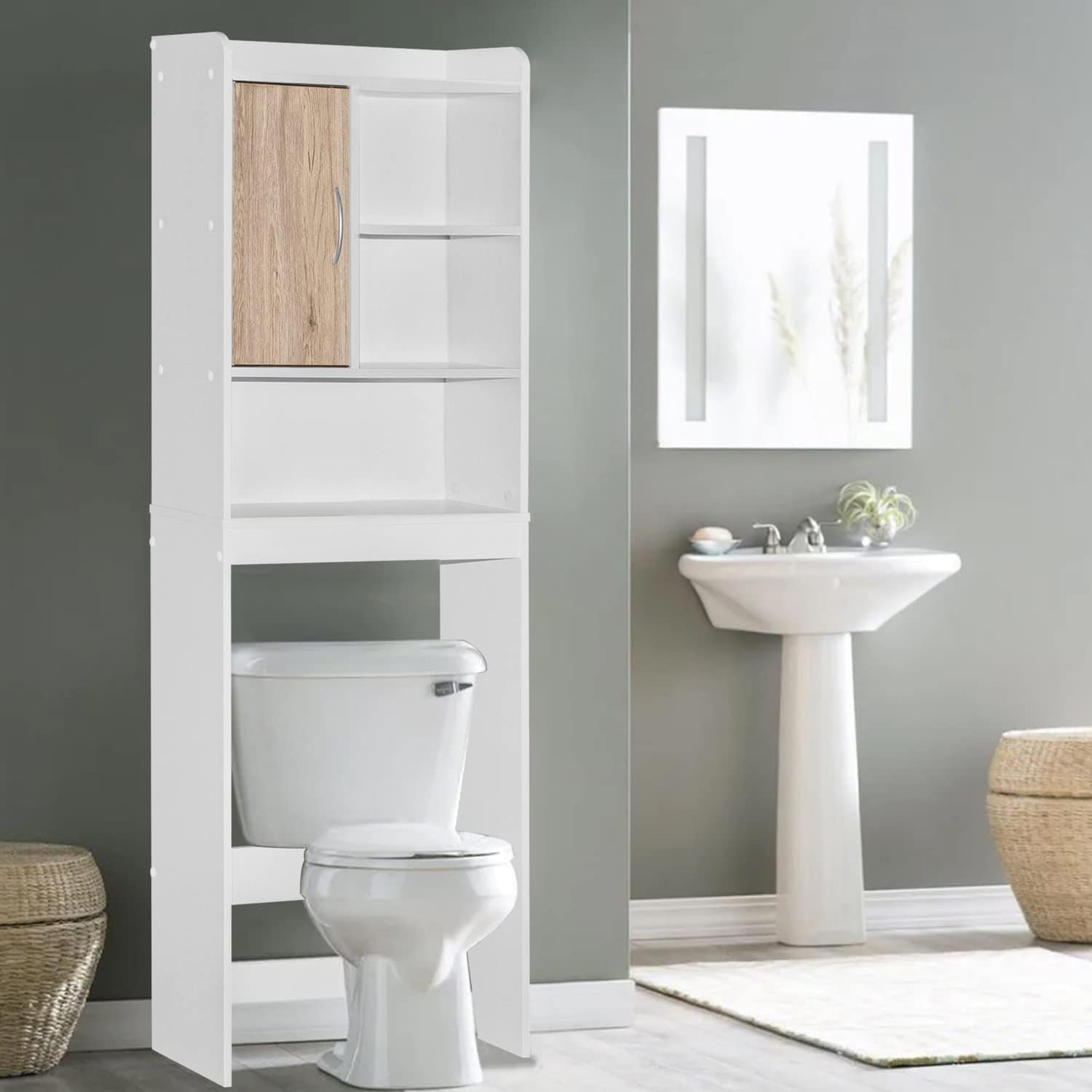 Woodpeckers Furniture And Mattress Ace Over The Toilet Storage Cabinet (White + Natural Oak)