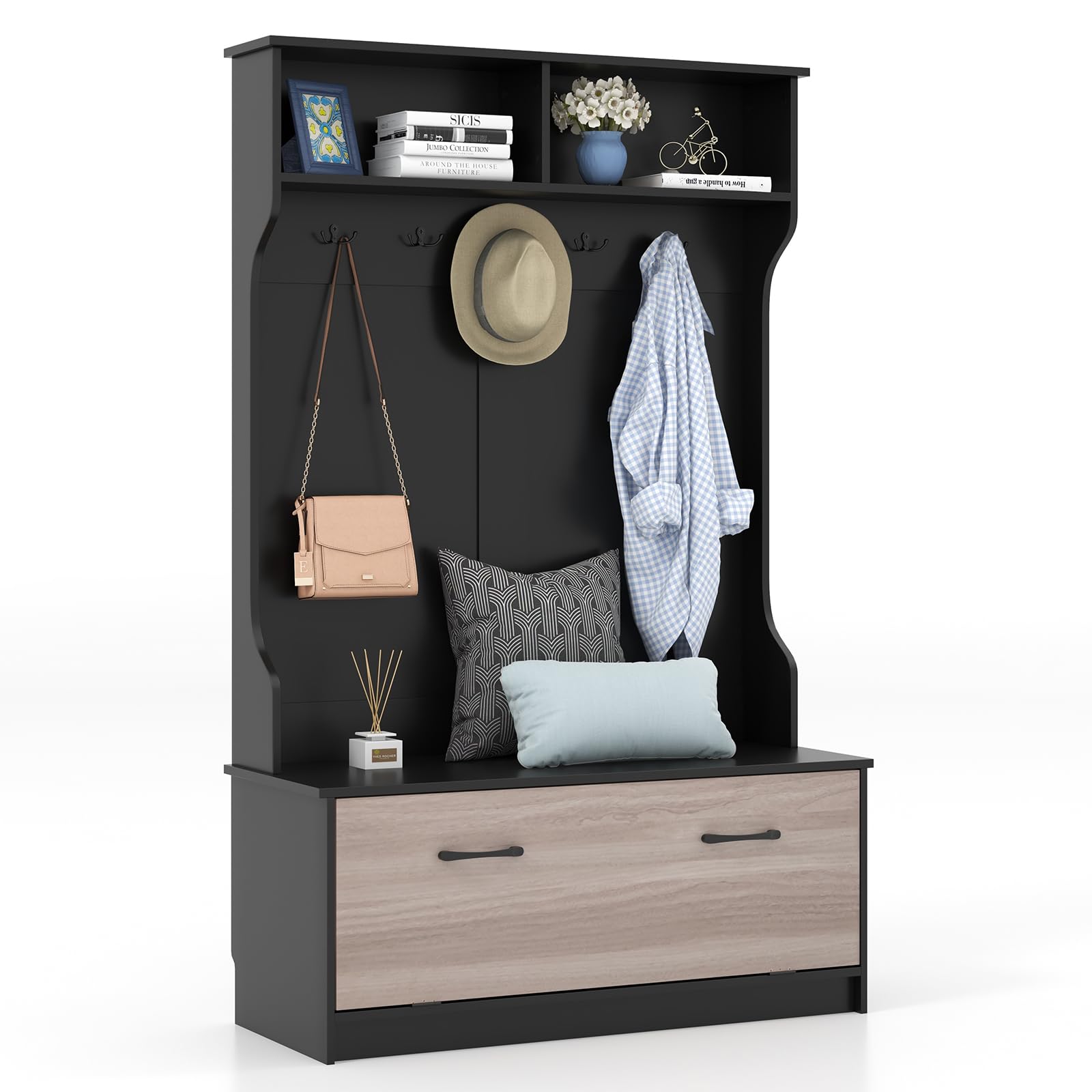 Tangkula Hall Tree With Coat Rack And Storage Bench, Multifunctional Coat Rack With Entryway Bench, 5 Double Hooks, Freestanding Home Organizer For Entryway, Bedroom (Black)