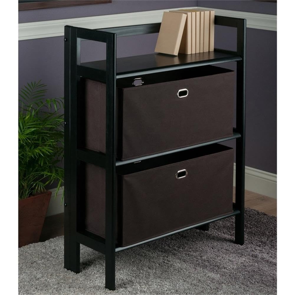 Winsome Torino 3-PC Set Folding Bookcase w/Fabric Basket Storage and Organization, Black/Chocolate