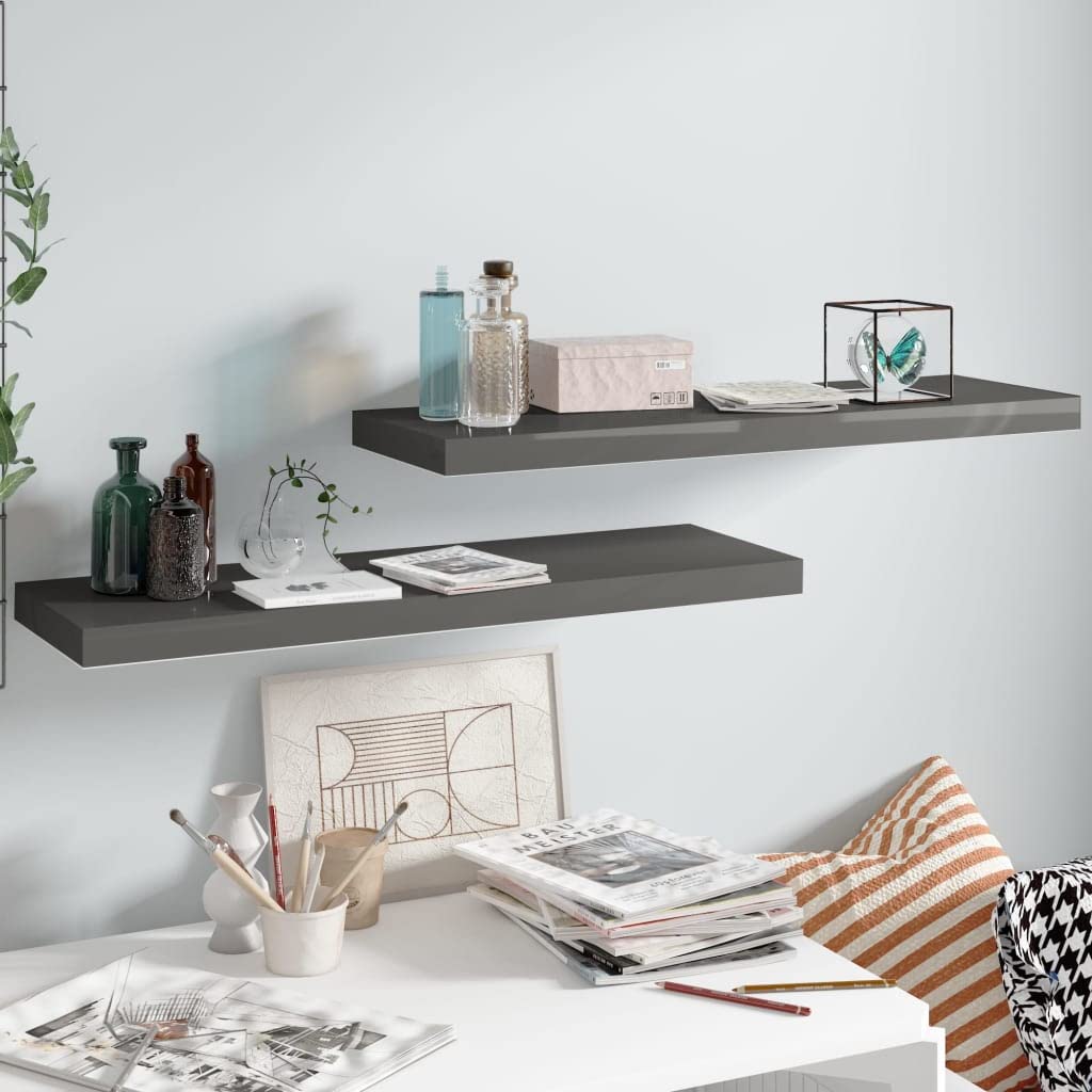 vidaXL Floating Wall Shelves, Set of 2, High Gloss Gray, 31.5&quot;x9.3&quot;x1.5&quot; Invisible Mounting, Simple Modern Decorative Storage, Honeycomb MDF and Metal Frame