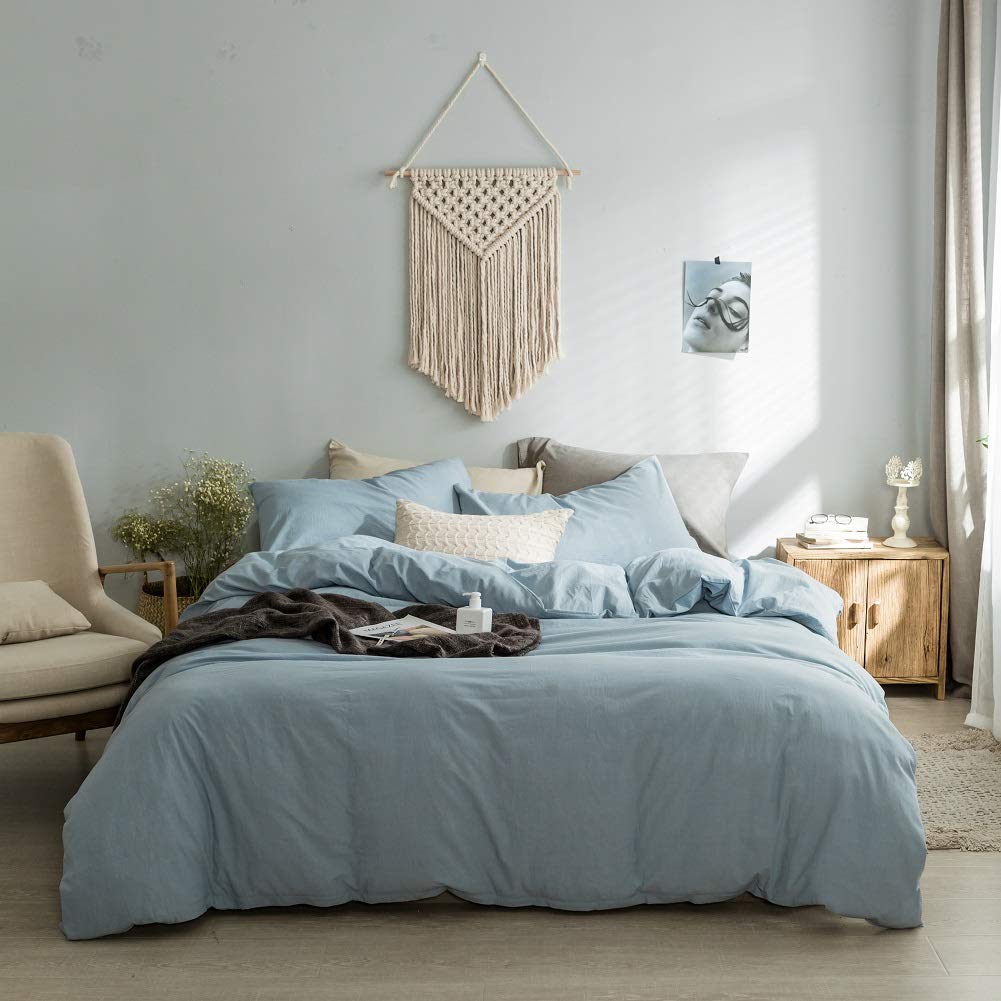 Light Blue Duvet Cover King, 100% Washed Cotton Linen Like Textured Solid Casual Modern Style Light Blue Bedding Set, With Zippe