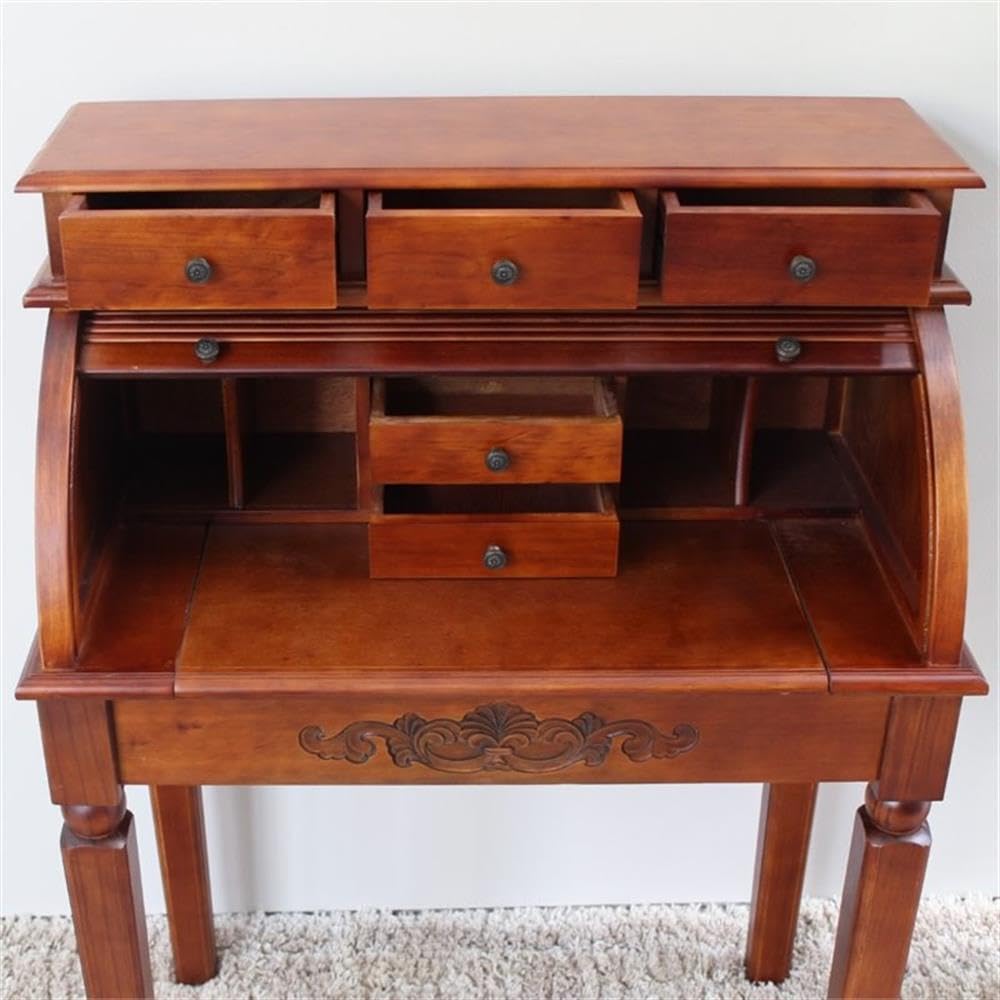 International Caravan Furniture Piece Carved Wood Roll Top Desk