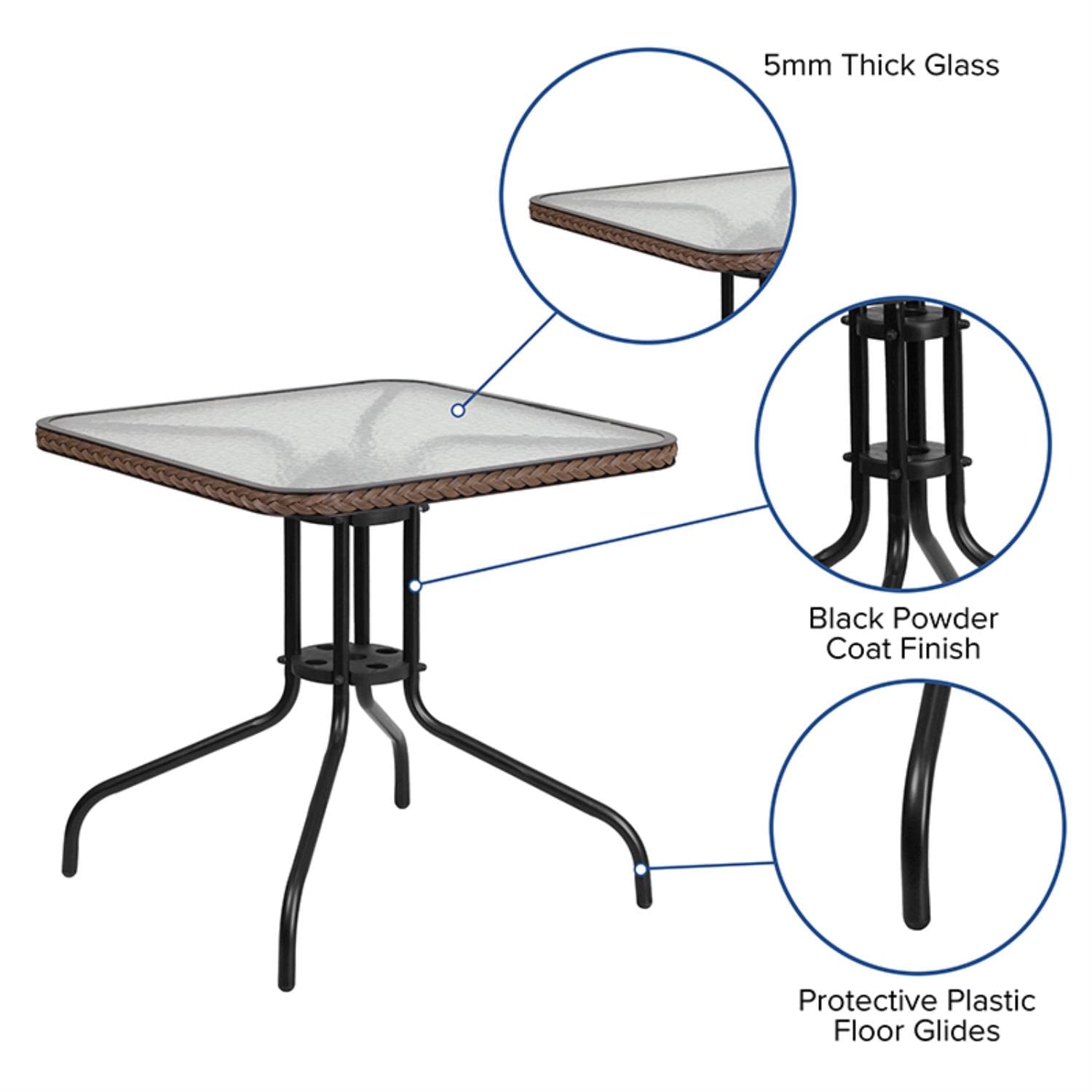 Flash Furniture Barker 28'' Square Tempered Glass Metal Table With Dark Brown Rattan Edging