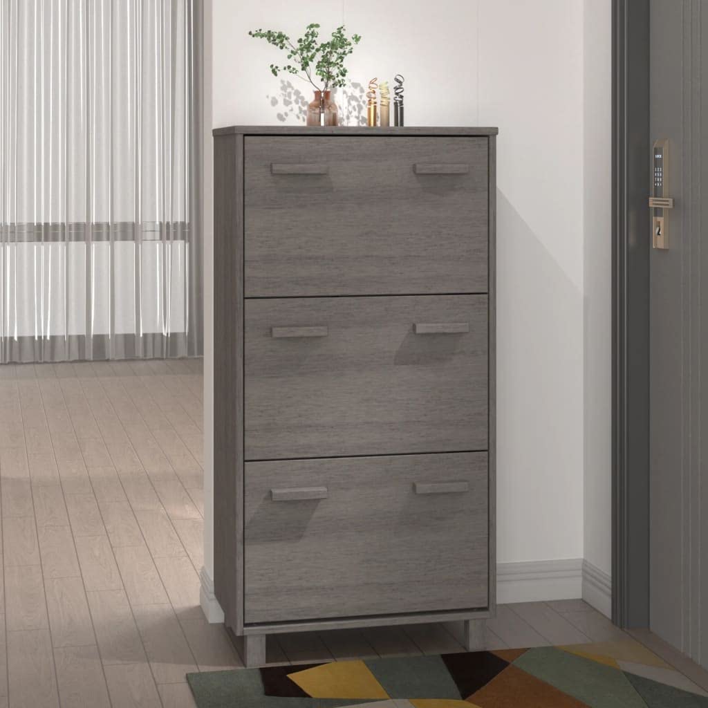 vidaXL HAMAR Shoe Cabinet Light Gray - Elegant Solid Pinewood, MDF and Plastic Construction - Efficient 3 Flip-Drawer Design for Superior Storage and Organization