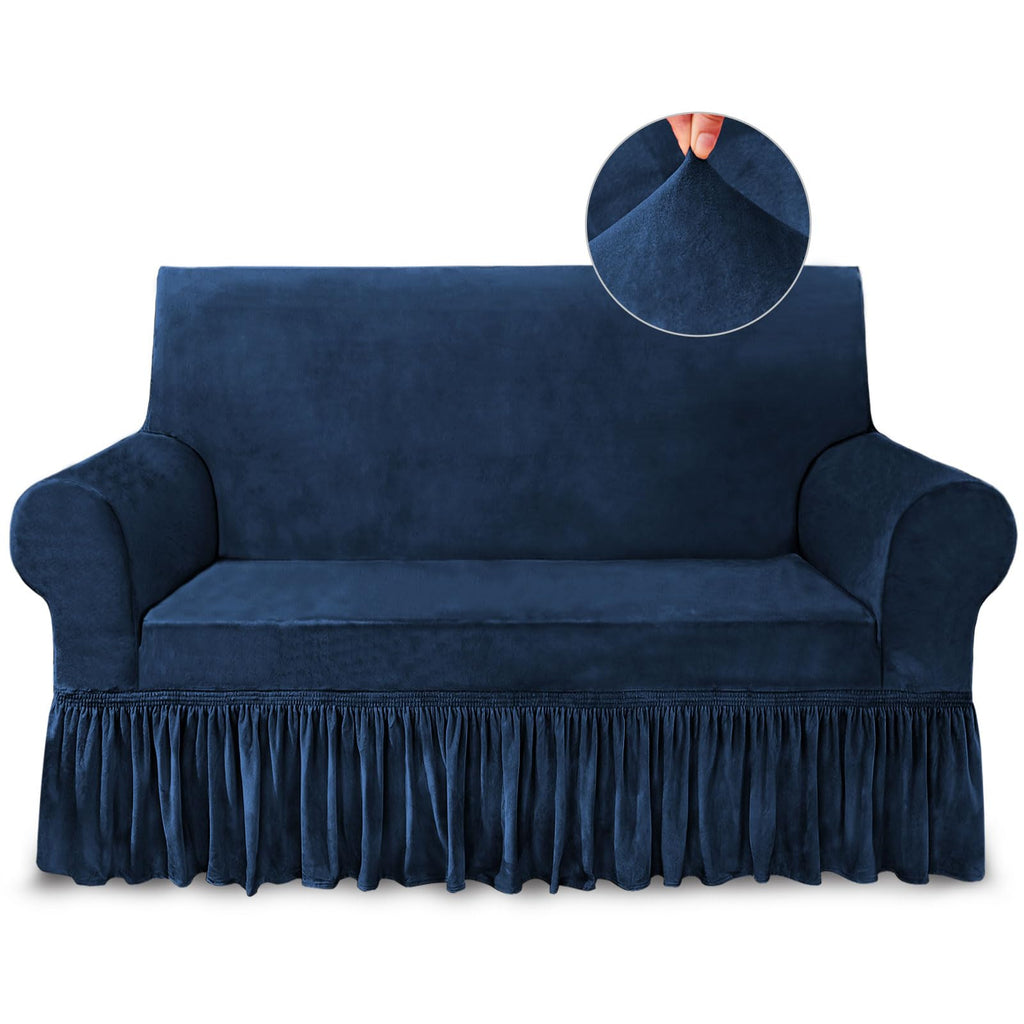 Niceec Loveseat Cover Super Soft 1-Piece Navy Blue Slipcover For Loveseats Stretch Universal Spandex Couch Covers For Living Room Easy Fit Washable Furniture Sofa Protector With Skirt