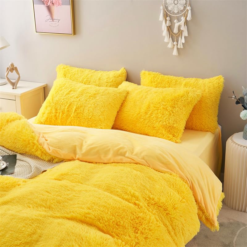 Chovy Faux Fur Plush Bright Yellow Comforter Sets Queen - Ultra Soft Shaggy Flannel Velvet Fluffy Fuzzy 3Pc Bedding Set (Comfort