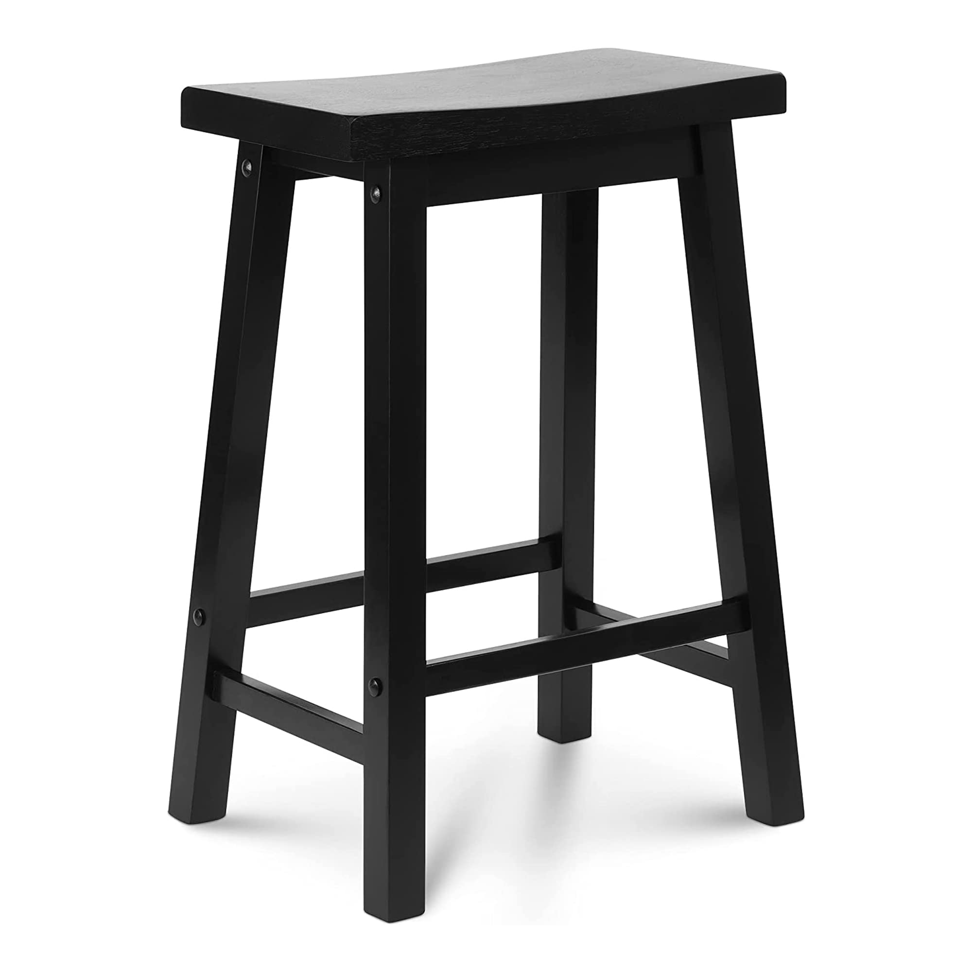 PJ Wood 24 Inch Single A Frame Classic and Modern Comfortable Wooden Bar Stool Saddle Seat with Built in Bars as Footrests, Blac