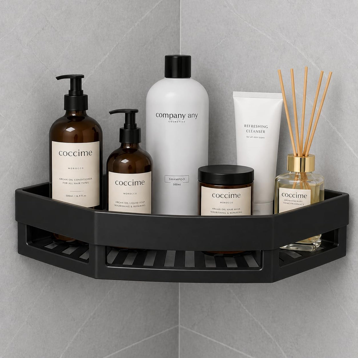 Aromix Diamond Shape Plastic Bathroom Corner Shelf Wall Mounted, Self Adhesive Shower Organizer Rack with Hooks, Waterproof Stor