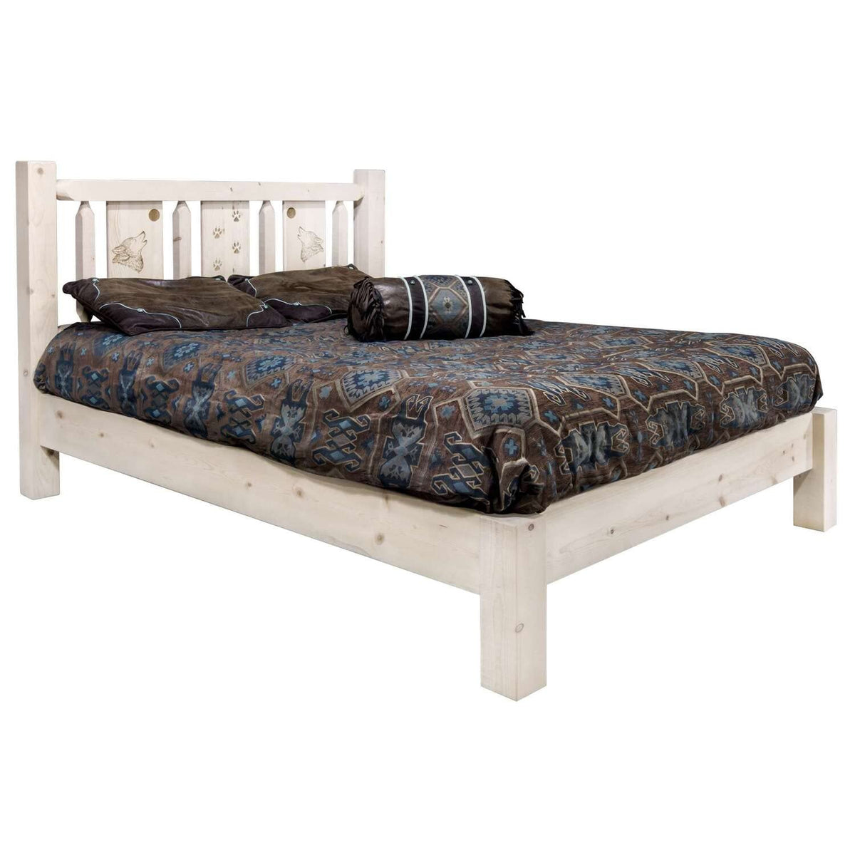 Montana Woodworks Wolf Design Laser Engraved Platform Bed in Natural (Cal King:94 in. L x 76 in. W x 47 in. H (196 lbs.))