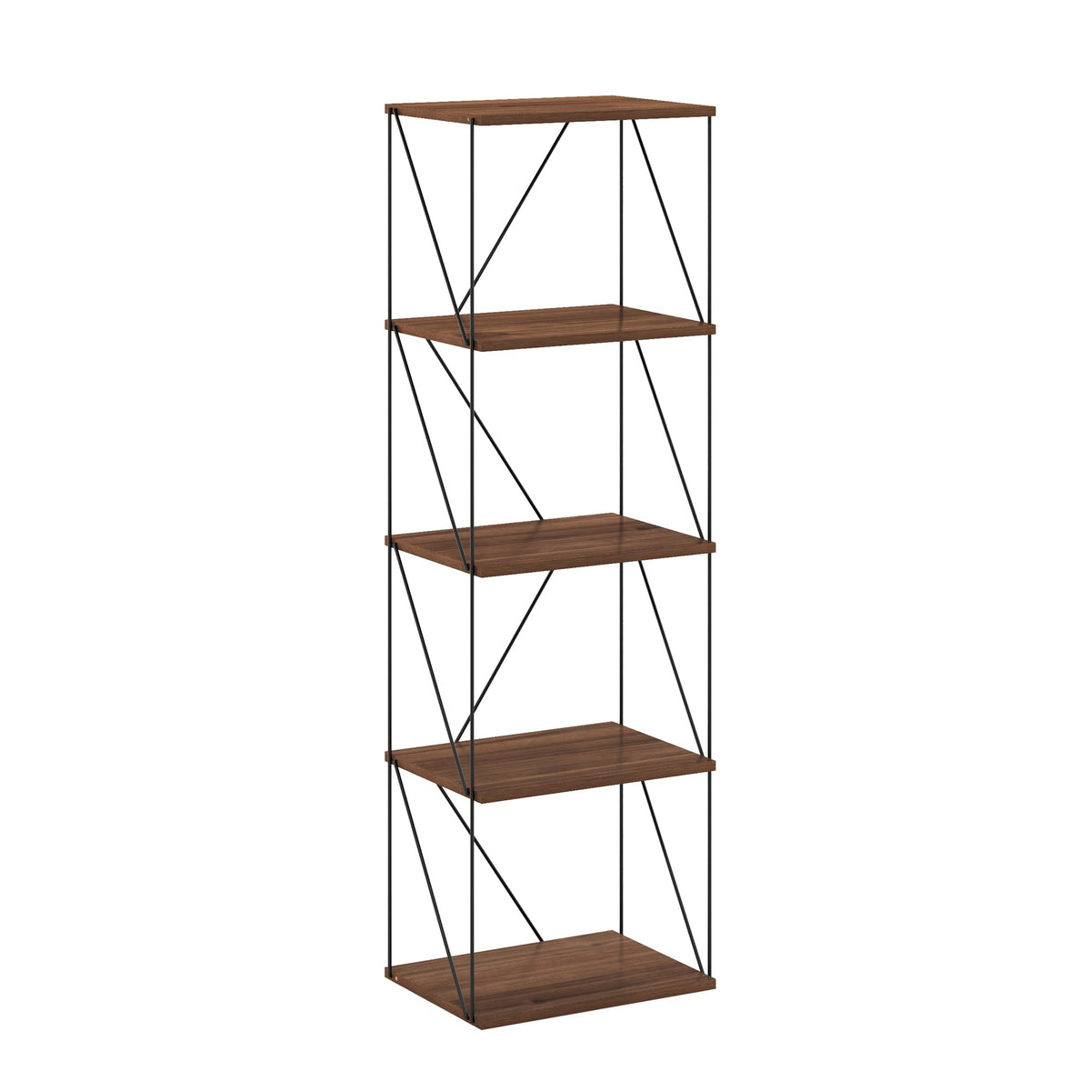 Furinno Rata 5-Tier Industrial Multipurpose Flat Base Shelf Display Rack with Metal Frame, Narrow, Columbia Walnut