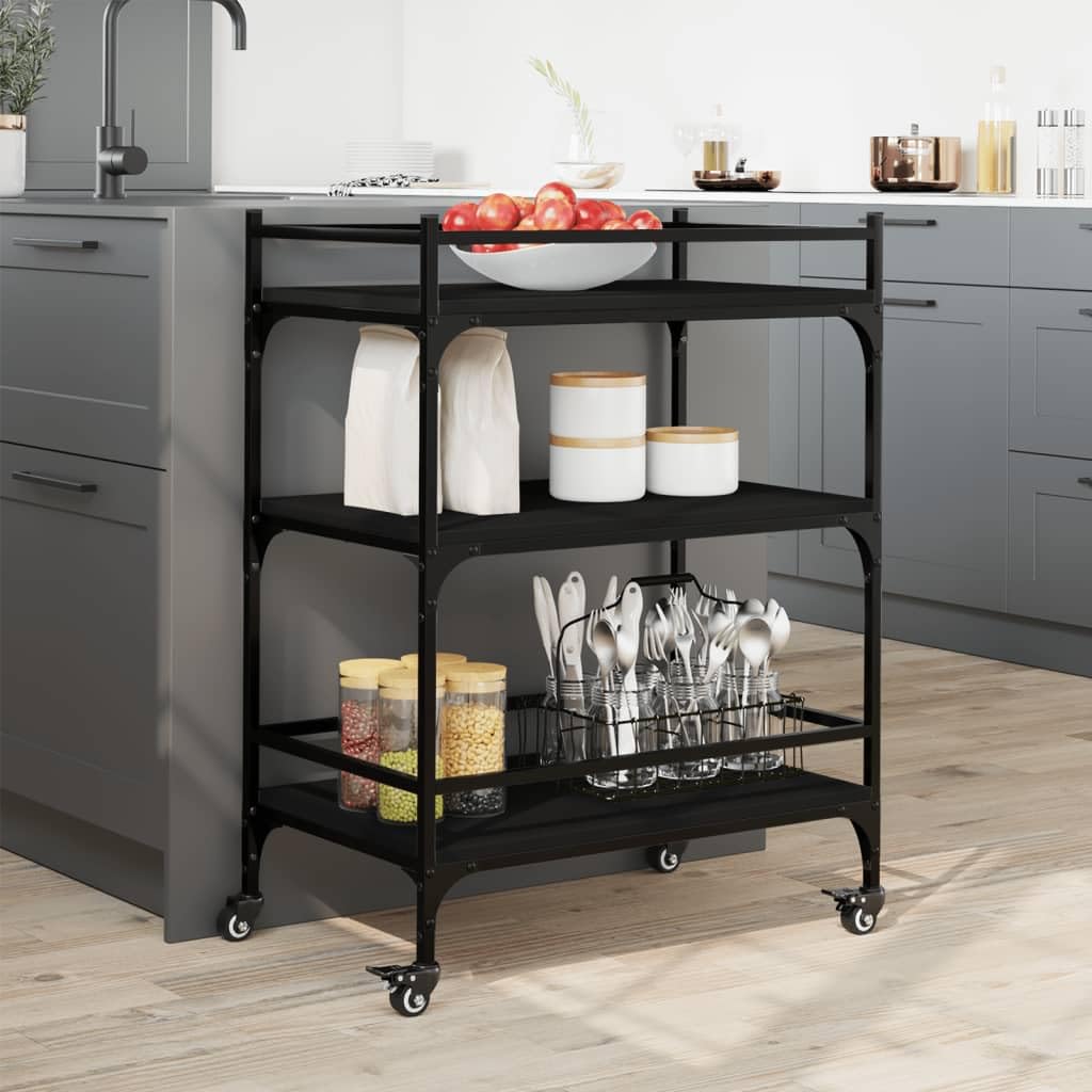 vidaXL Black Kitchen Trolley – Mobile Storage Cart/Organizer with Engineered Wood Construction, Steel Frame, Lockable Wheels – 25.6&quot;x15.7&quot;x34.1&quot;