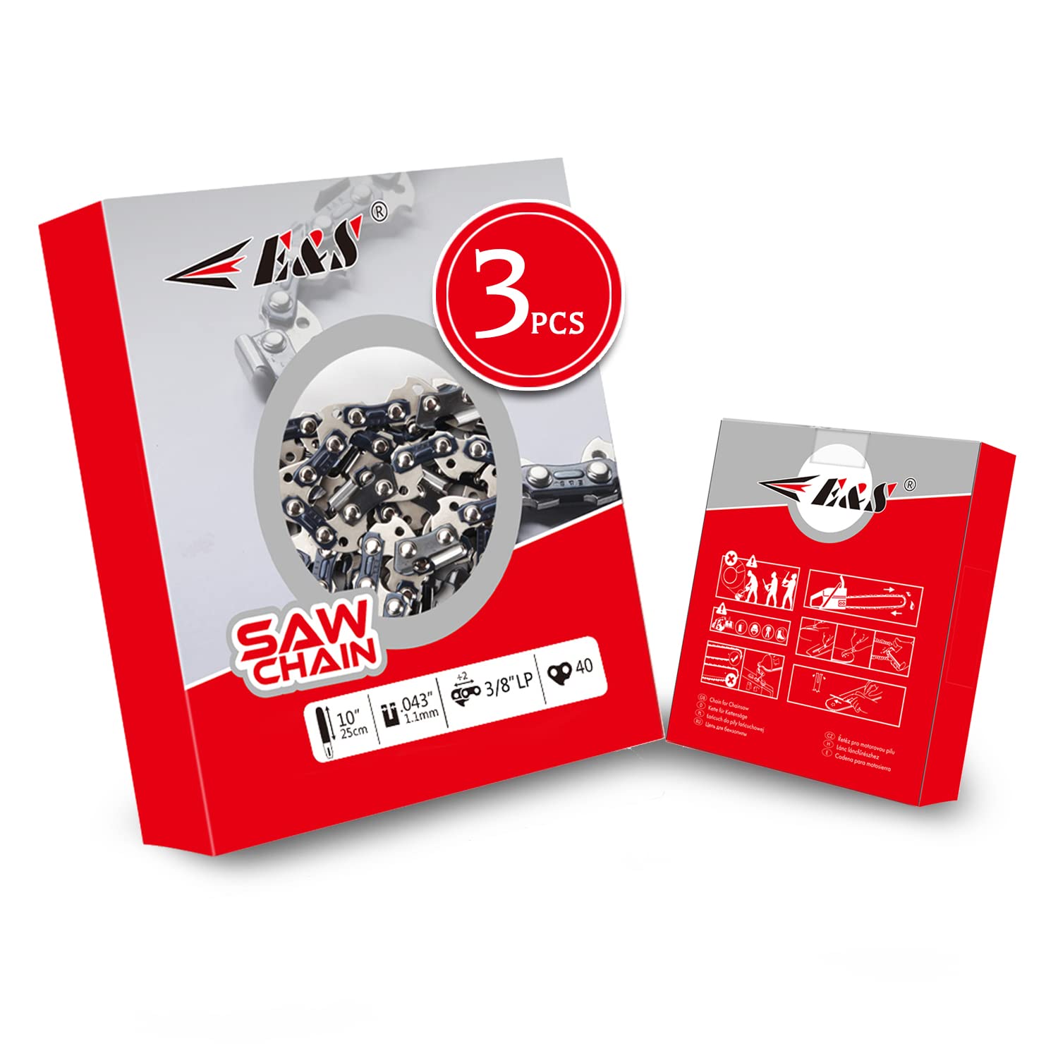 E & S 3 Pack Low Kickback Chain Saw Chain 5 Inch .043' Gauge 0.30' Pitch 28 Drive Links, Semi Chisel 5 Inch Chainsaw Chain For