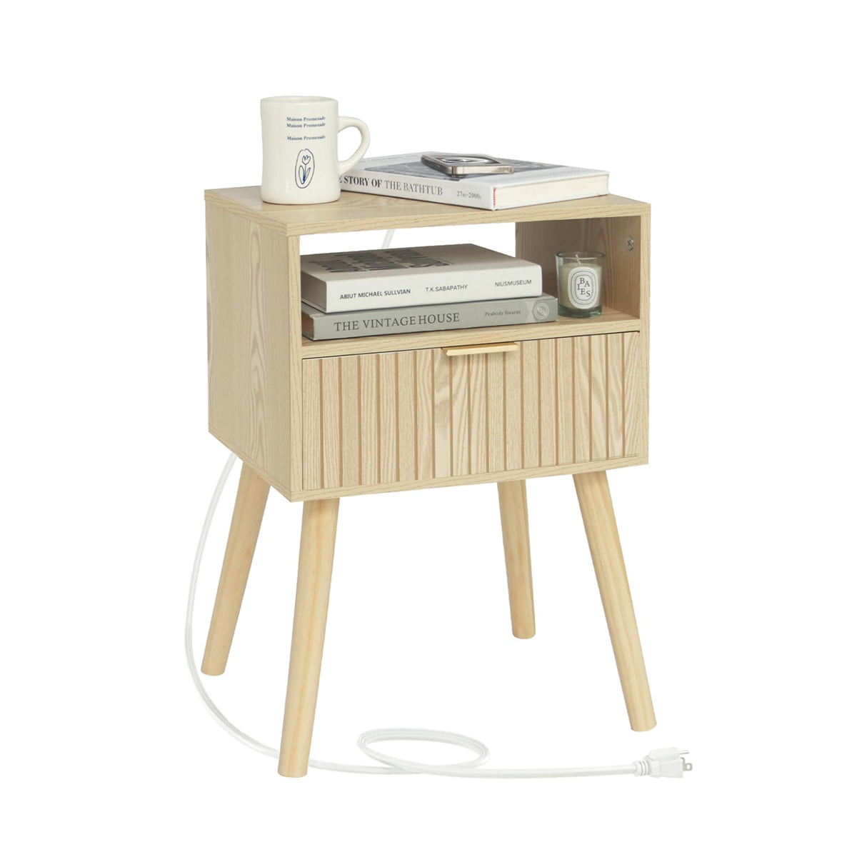Nightstand With Charging Station, Wood Bedside Table With Drawer, Modern End Table For Bedroom And Small Spaces, Solid Wood Legs, Easy Assembly, Natural