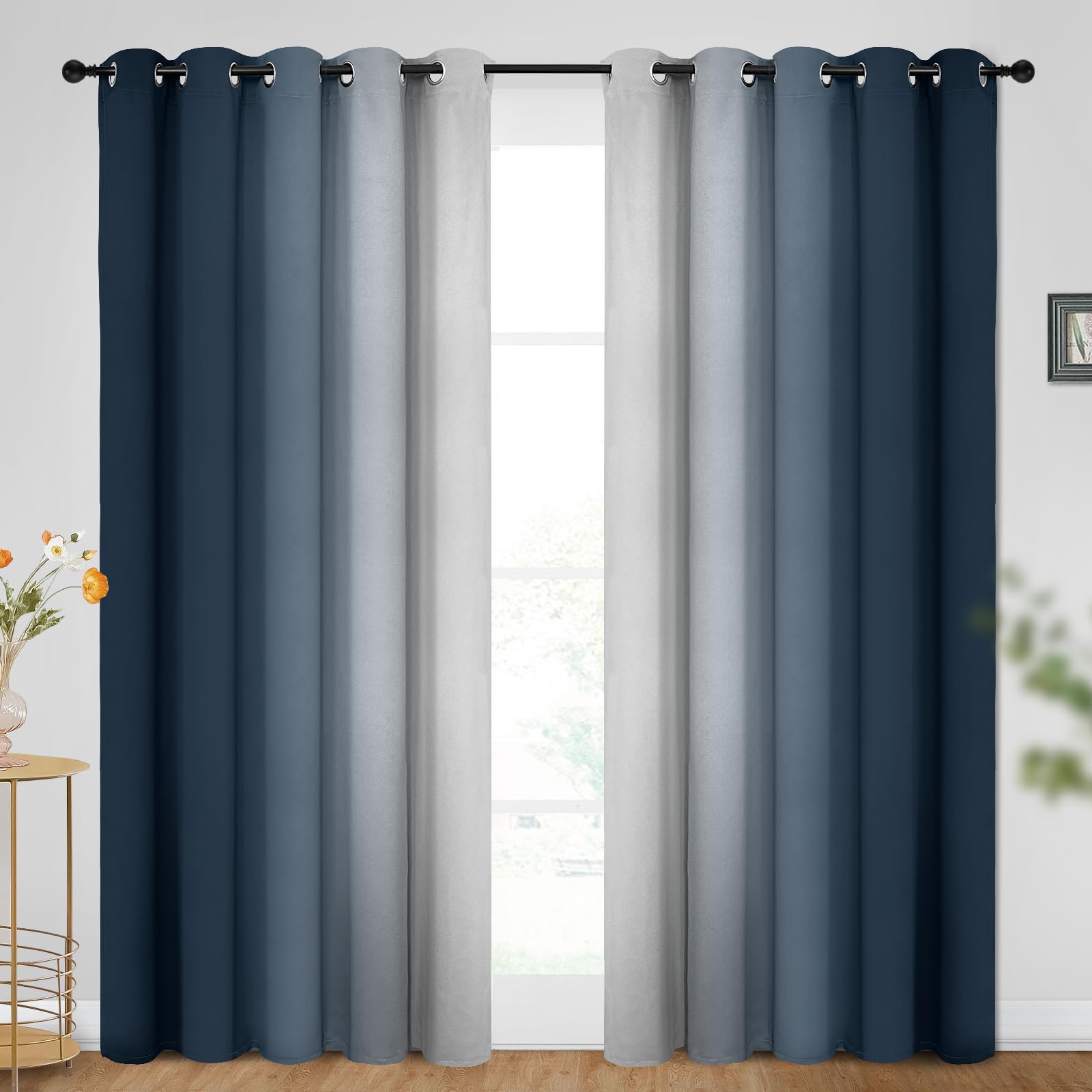 Simplehome Ombre Room Darkening Curtains For Bedroom, Gradient Navy Blue To Grey White Light Blocking Thermal Insulated Grommet
