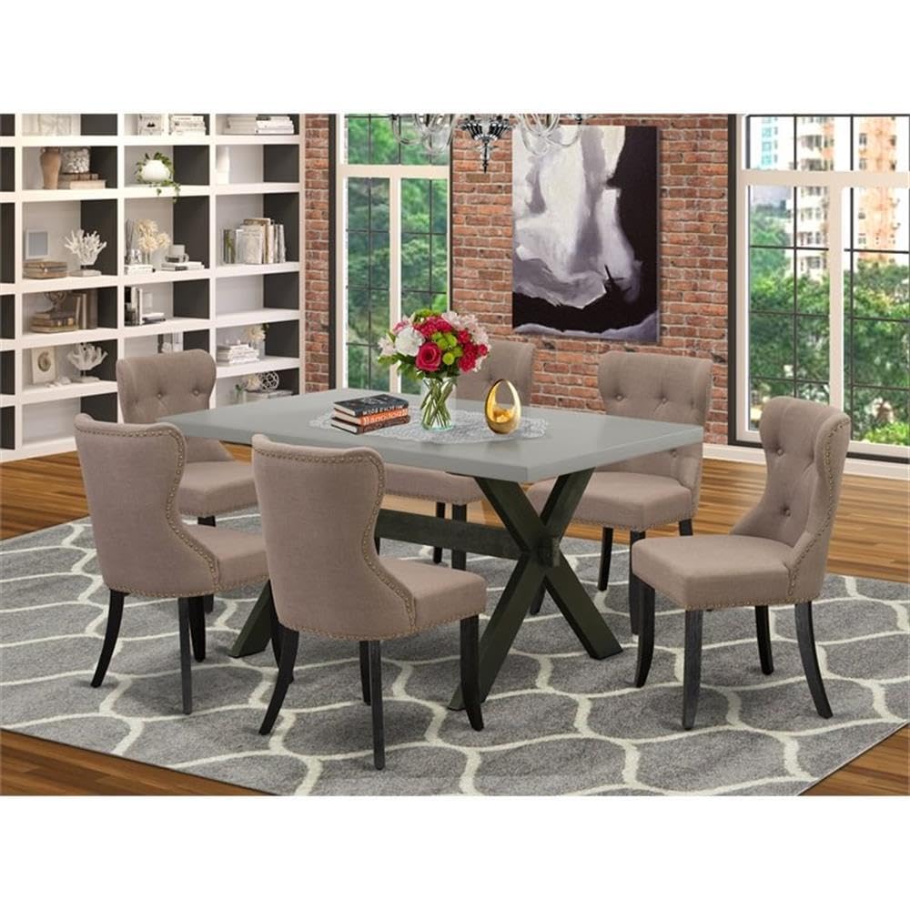 East West Furniture X696Si648-7 7 Piece Kitchen Table & Chairs Set Consist Of A Rectangle Dining Room Table With X-Legs And 6 Coffee Linen Fabric Upholstered Chairs, 36X60 Inch, Multi-Color