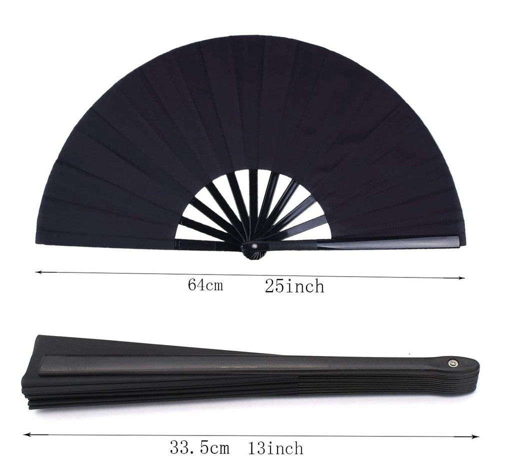 Honshen 2 Pack Large Folding Hand Fan,Black Chinese Kung Fu Tai Chi Fan Nylon-Cloth Fans For Men And Women Performance,Dance,Dec