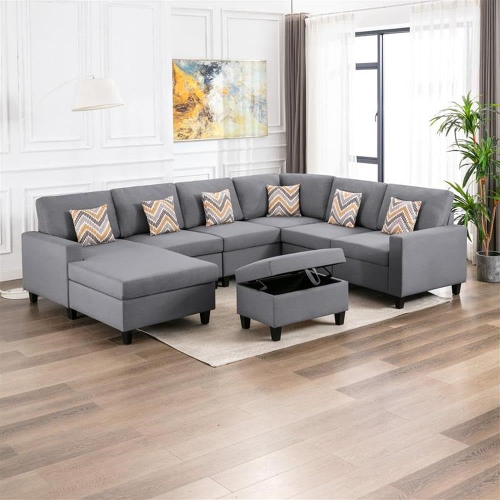 Lilola Home Nolan Gray Linen Fabric 7Pc Reversible Chaise Sectional Sofa with Interchangeable Legs, Pillows and Storage Ottoman