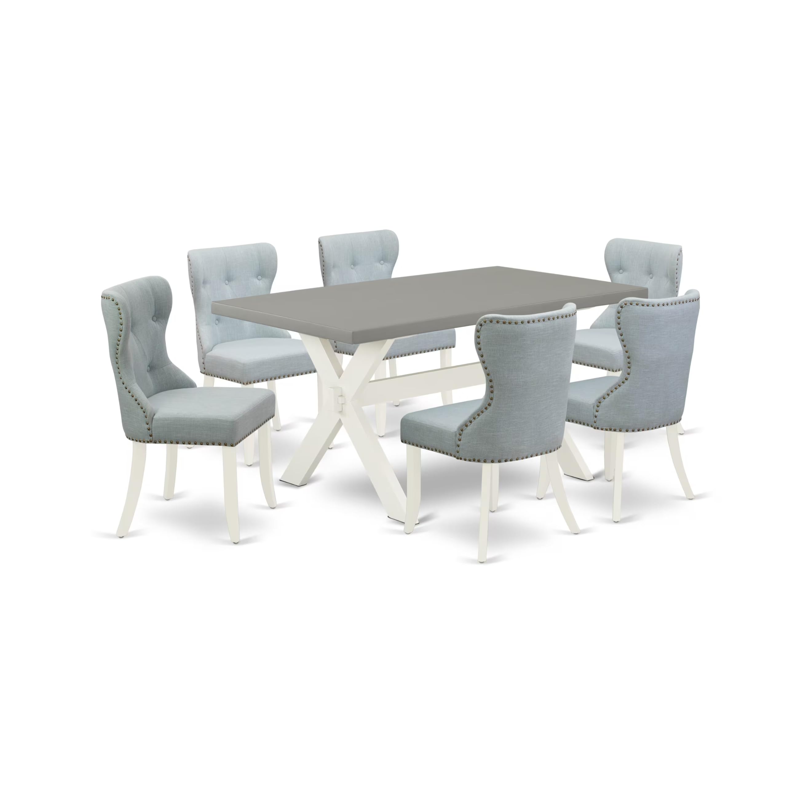 East West Furniture X096Si215-7 7 Piece Dining Set Consist Of A Rectangle Dining Room Table With X-Legs And 6 Baby Blue Linen Fabric Upholstered Parson Chairs, 36X60 Inch, Multi-Color