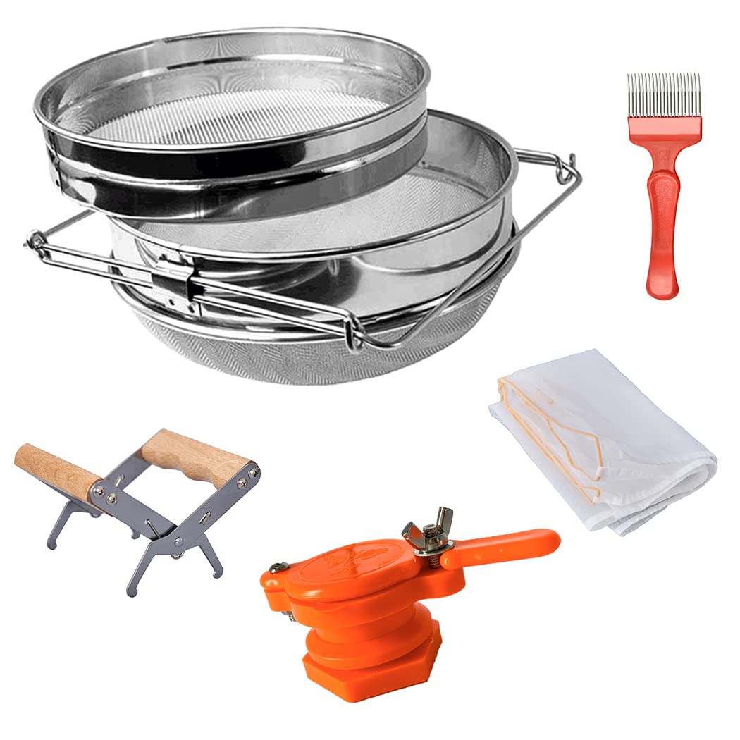 Maybee Double Sieve Honey Harvesting Kit For Beekeepers, Beekeeping Starter Kit Set Of 5, Double Sieve Honey Strainer Stainless
