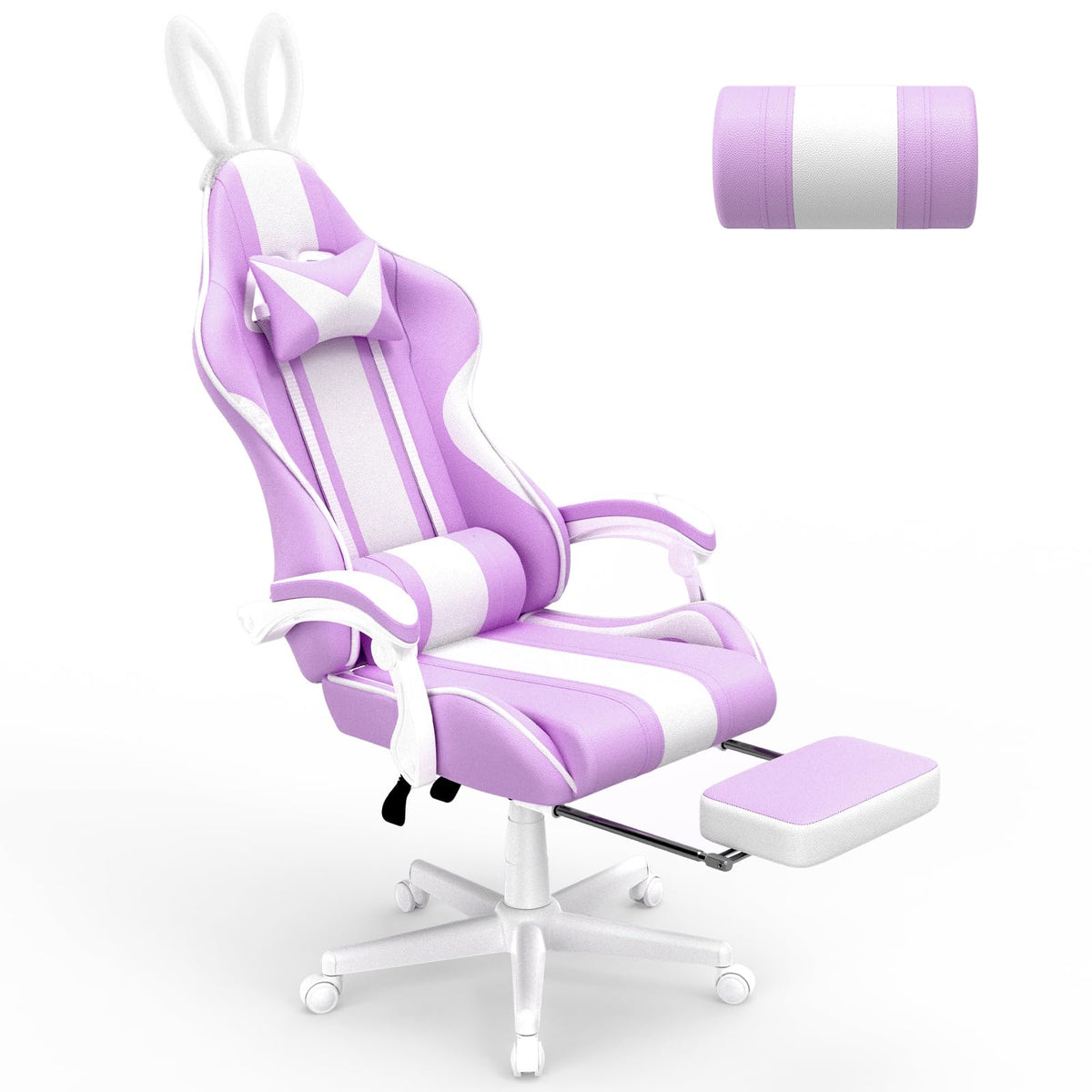 Ferghana Kawaii Light Purple Gaming Chair With Bunny Ears, Ergonomic Cute Gamer Chair With Footrest And Massage, Racing Reclining Leather Office Computer Game Chair For Girls Adults Teens Kids
