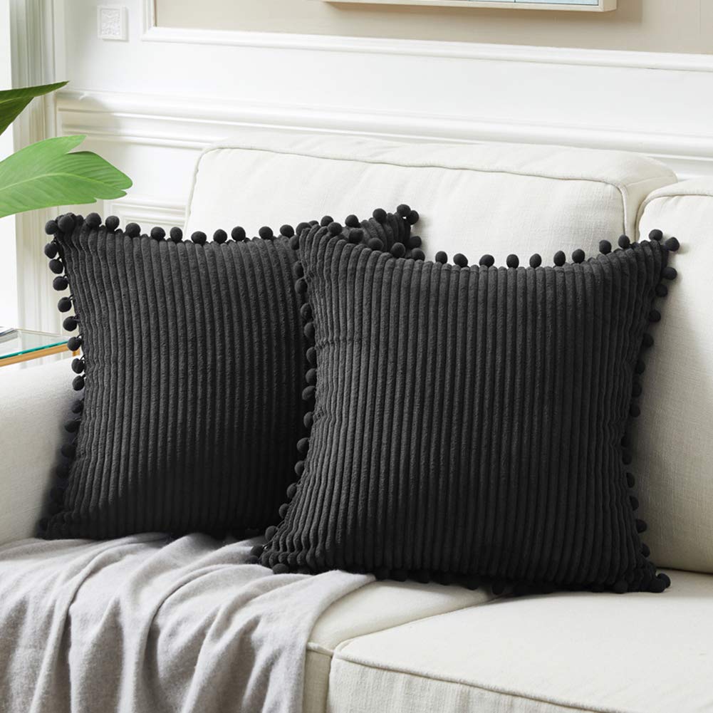 Fancy Homi Pack Of 2 Black Decorative Throw Pillow Covers With Pom-Poms, Soft Corduroy Solid Square Cushion Cases Set For Couch