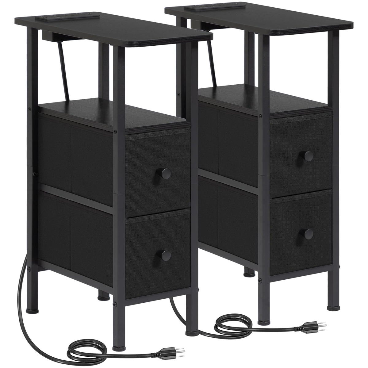 Loakekel Narrow End Tables Living Room Set Of 2 With Charging Station, Skinny Side Table With Fabric Drawers, Slim Nightstand Fo
