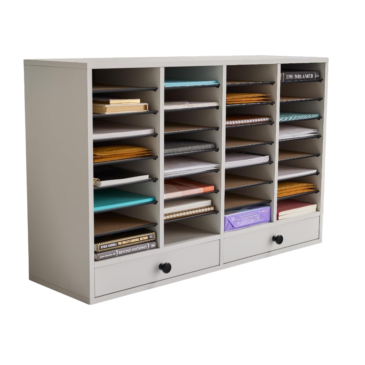 Safco Literature Organizer, 24 Compartments, 2 Drawers, Office And Classroom Mailbox With Adjustable Shelves, Wood Paper And Mai