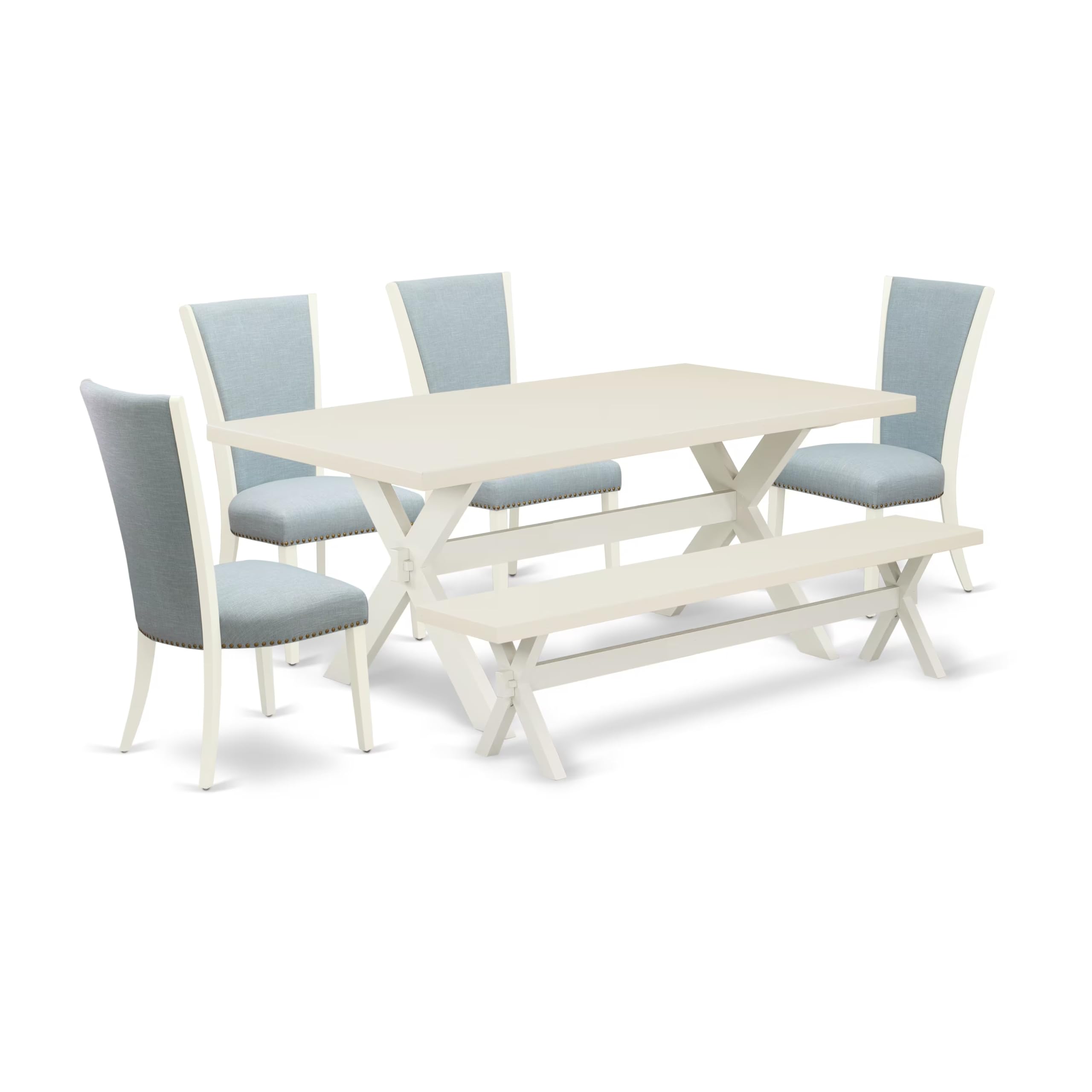 East West Furniture X027VE215-6 6 Piece Dinette Set Contains a Rectangle Dining Table with X-Legs and 4 Baby Blue Linen Fabric Parson Chairs with a Bench, 40x72 Inch, Multi-Color
