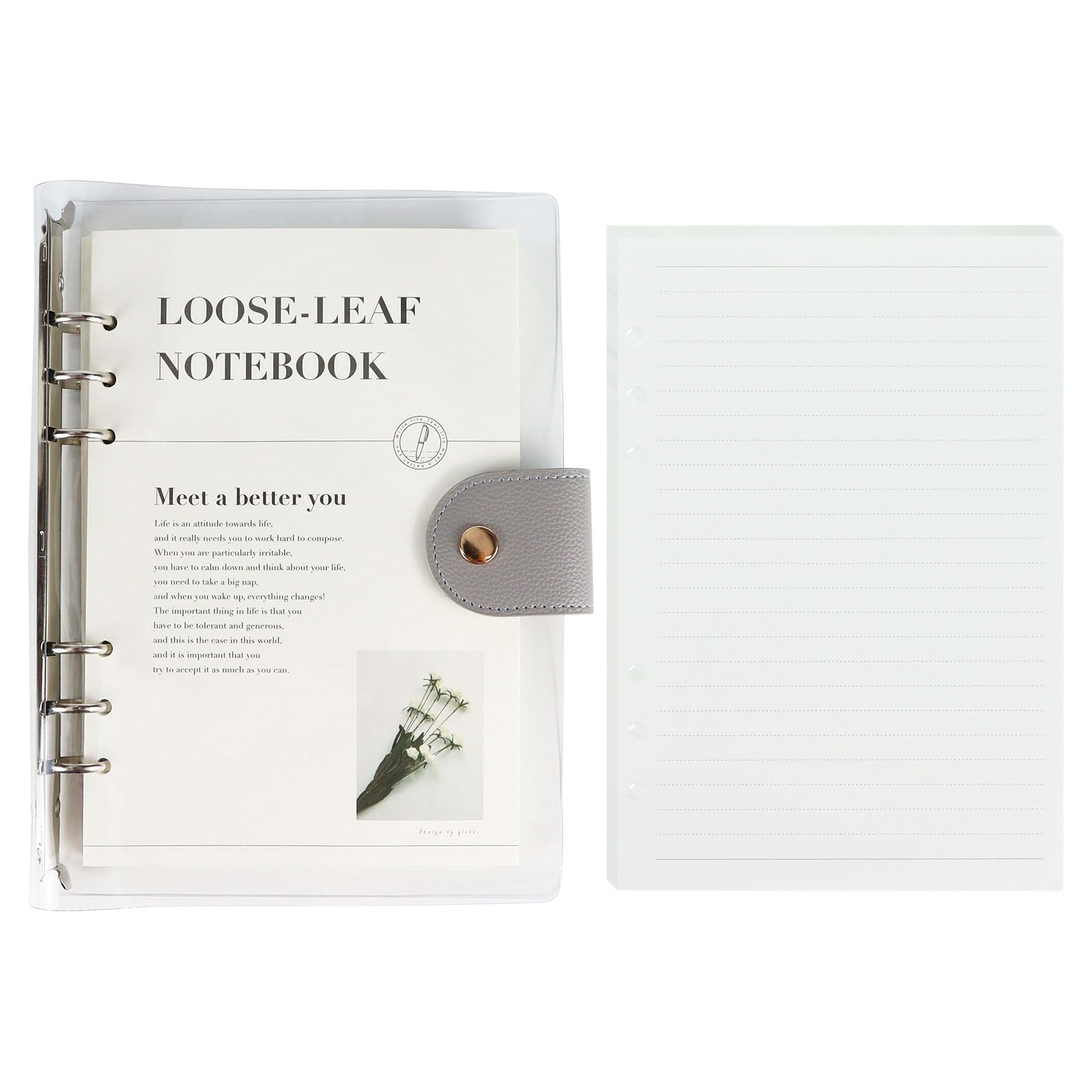 A5 Binder 6-Ring Clear Binder Notebook Cover, Silver Round Ring With 90 Sheets Lined Inner Papers, A5 Planner Budget Binder With