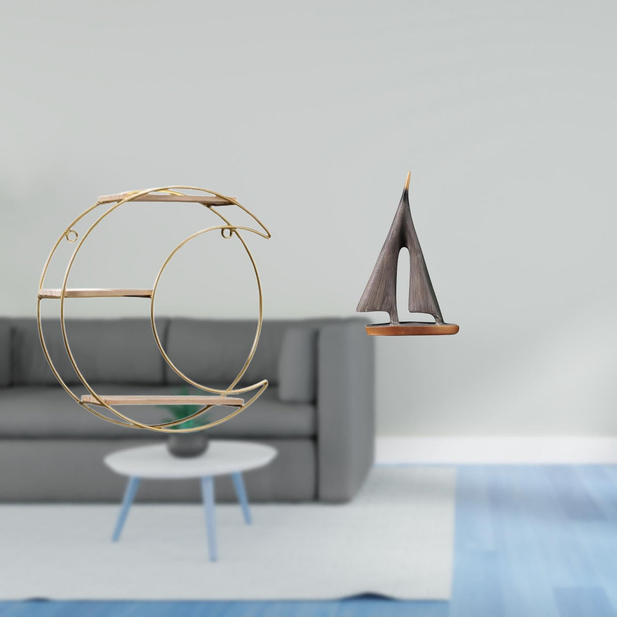 Enakshi Modern Multifunctional Wall Mounted Shelf With Sailing Boat Statue Decorative Art Figurine For Collectibles Trophy And L