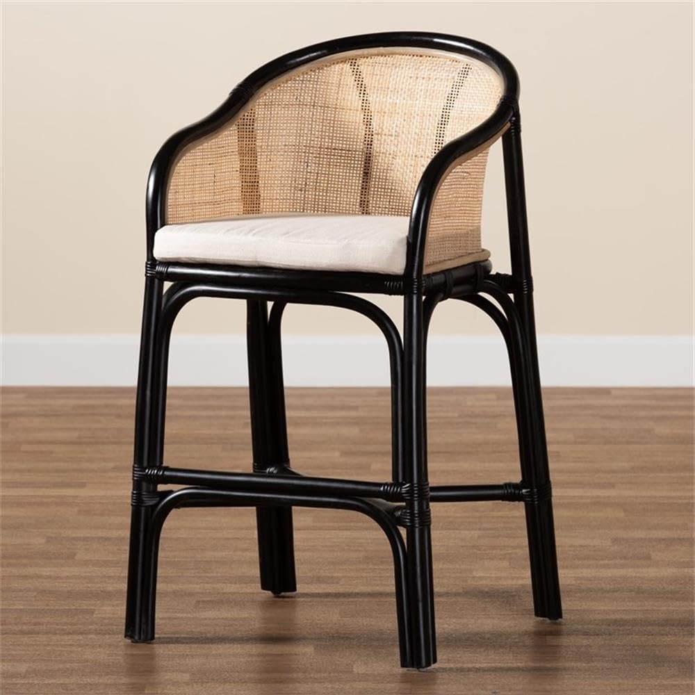 bali & pari Miranda Bohemian Natural Rattan Counter Stool, Black/Natural/Off-White (235-13347-HiT)