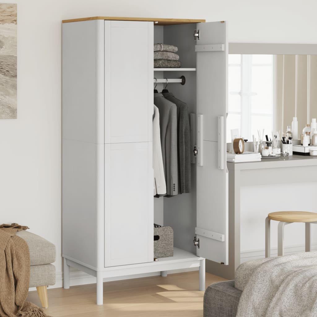 vidaXL Wardrobe FLORO - Solid Pine Wood, White Finish, 30.3&quot;x20.9&quot;x67.3&quot;, Spacious Storage with Clothes Rail and Practical Doors